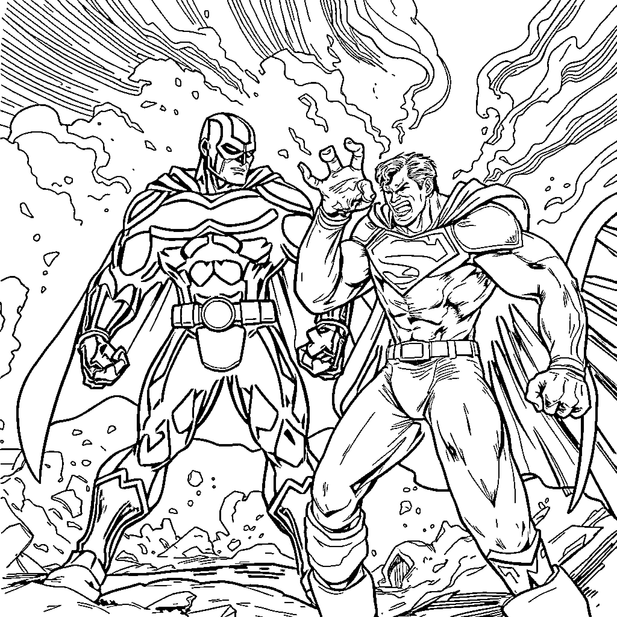 Superman and superhero in epic battle Coloring Page (free black-and-white line drawing printable PDF for all, from beginners to advanced learners, including children, teens, adults, and seniors)