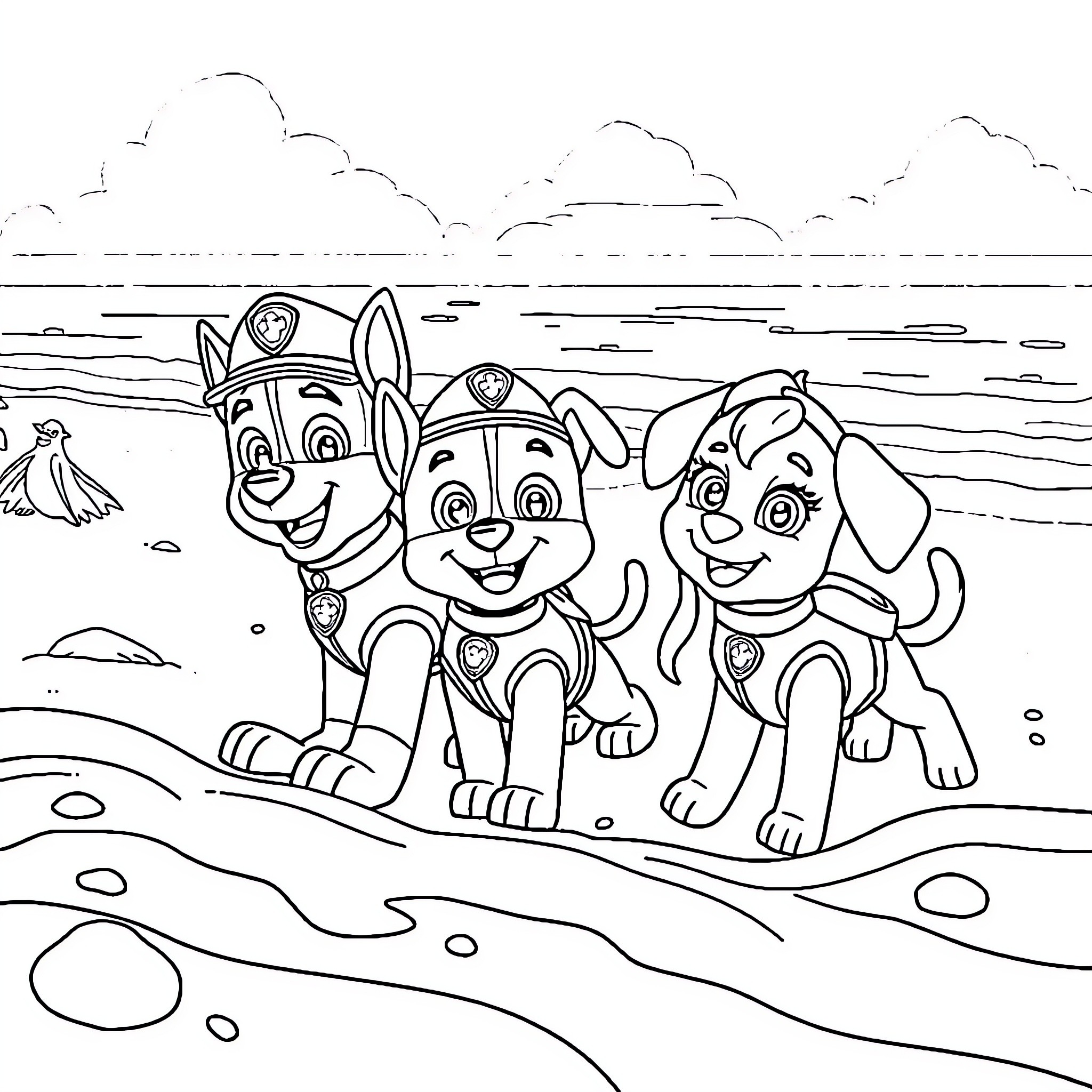 Paw Patrol Pups Playing on the Beach Coloring Page (free black-and-white line drawing printable PDF for all, from beginners to advanced learners, including children, teens, adults, and seniors)