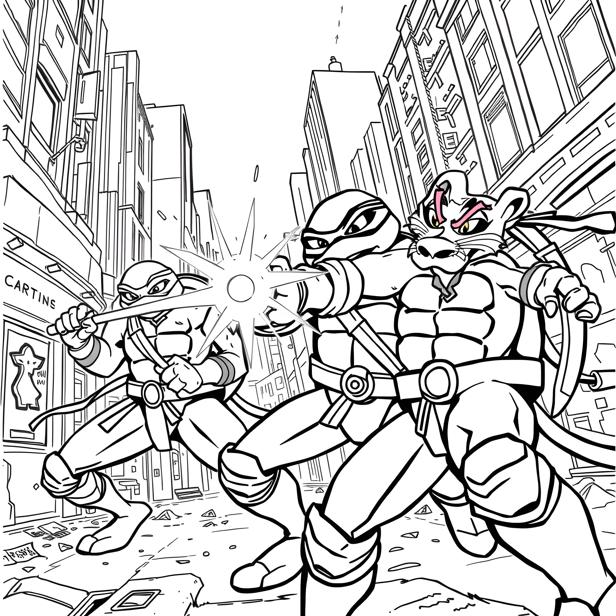 Ninja Turtle heroes saving the city from trouble Coloring Page (free black-and-white line drawing printable PDF for all, from beginners to advanced learners, including children, teens, adults, and seniors)