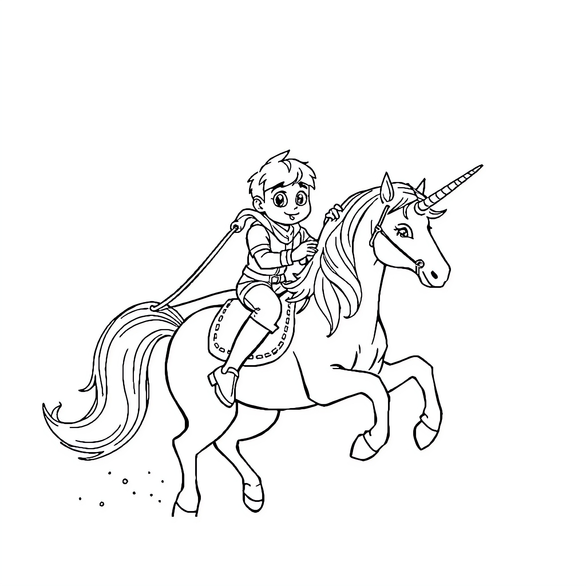 Peter Cole's Magical Unicorn Adventure Coloring Page (free black-and-white line drawing printable PDF for all, from beginners to advanced learners, including children, teens, adults, and seniors)