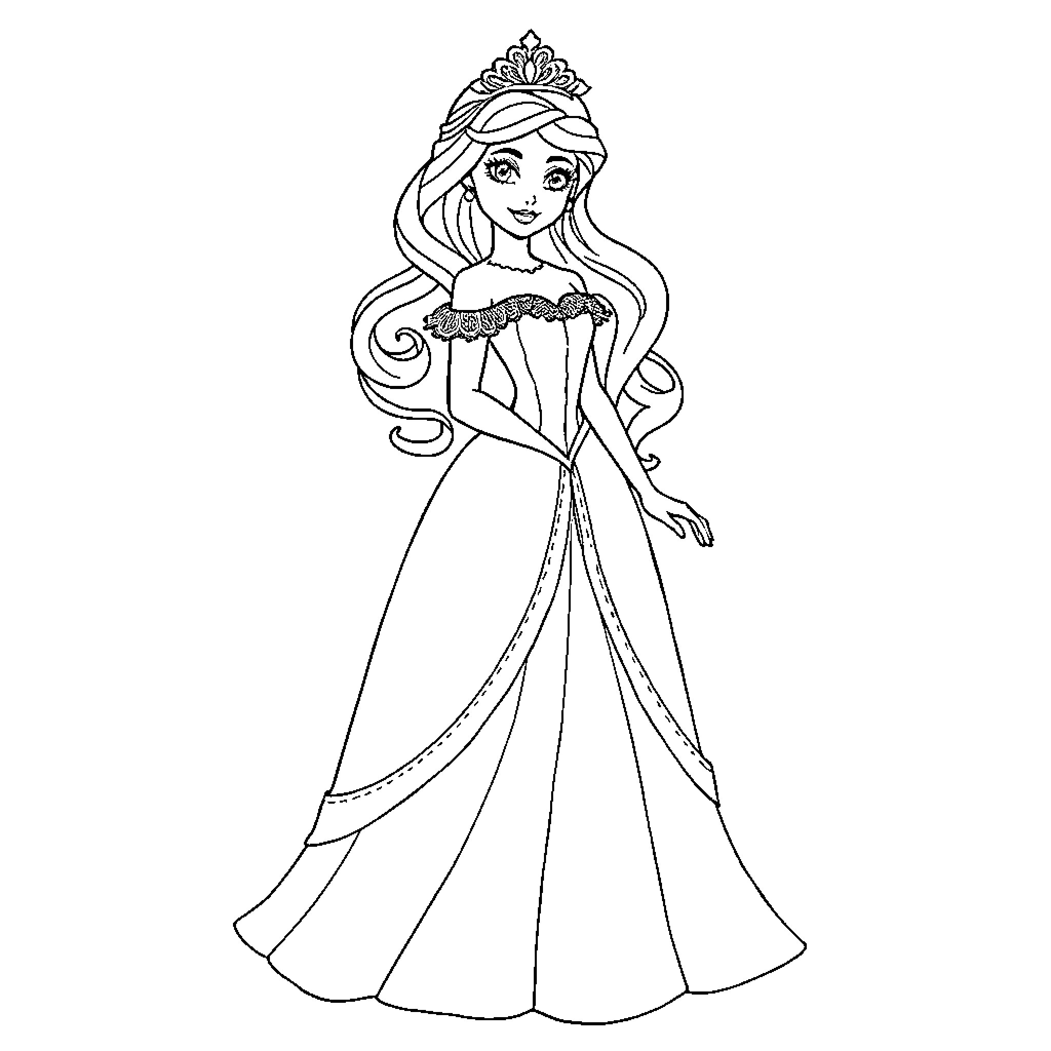 Princess in elegant gown and tiara Coloring Page (free black-and-white line drawing printable PDF for all, from beginners to advanced learners, including children, teens, adults, and seniors)