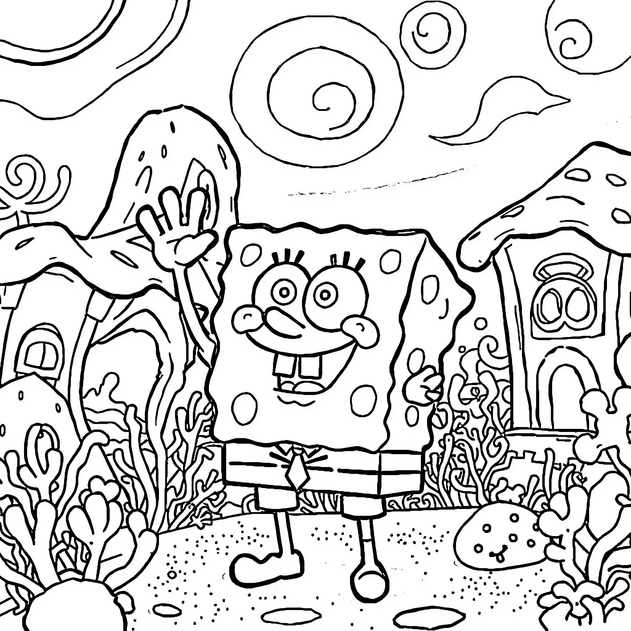 Spongebob's Whimsical Underwater Adventure Coloring Page (free black-and-white line drawing printable PDF for all, from beginners to advanced learners, including children, teens, adults, and seniors)