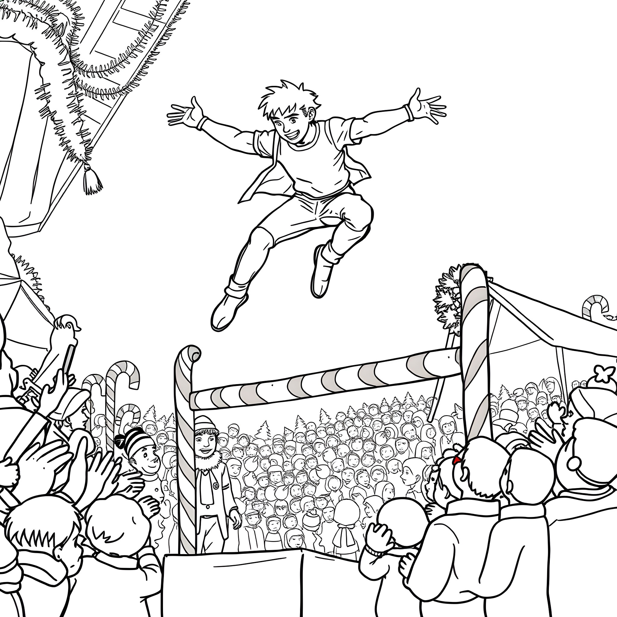 High Jumper leaping over obstacle in competition Coloring Page (free black-and-white line drawing printable PDF for all, from beginners to advanced learners, including children, teens, adults, and seniors)