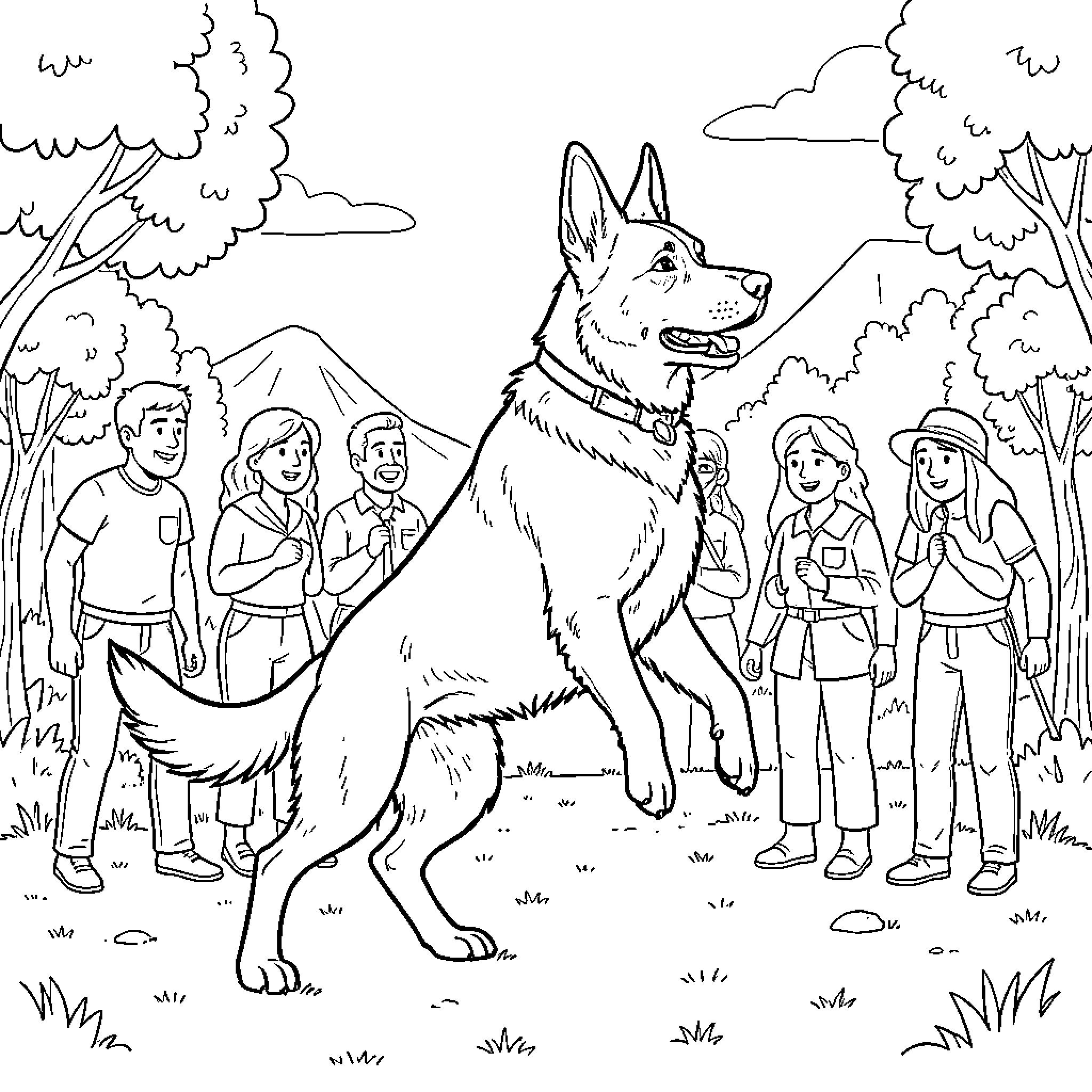 German Shepherd walking confidently through a group of people Coloring Page (free black-and-white line drawing printable PDF for all, from beginners to advanced learners, including children, teens, adults, and seniors)