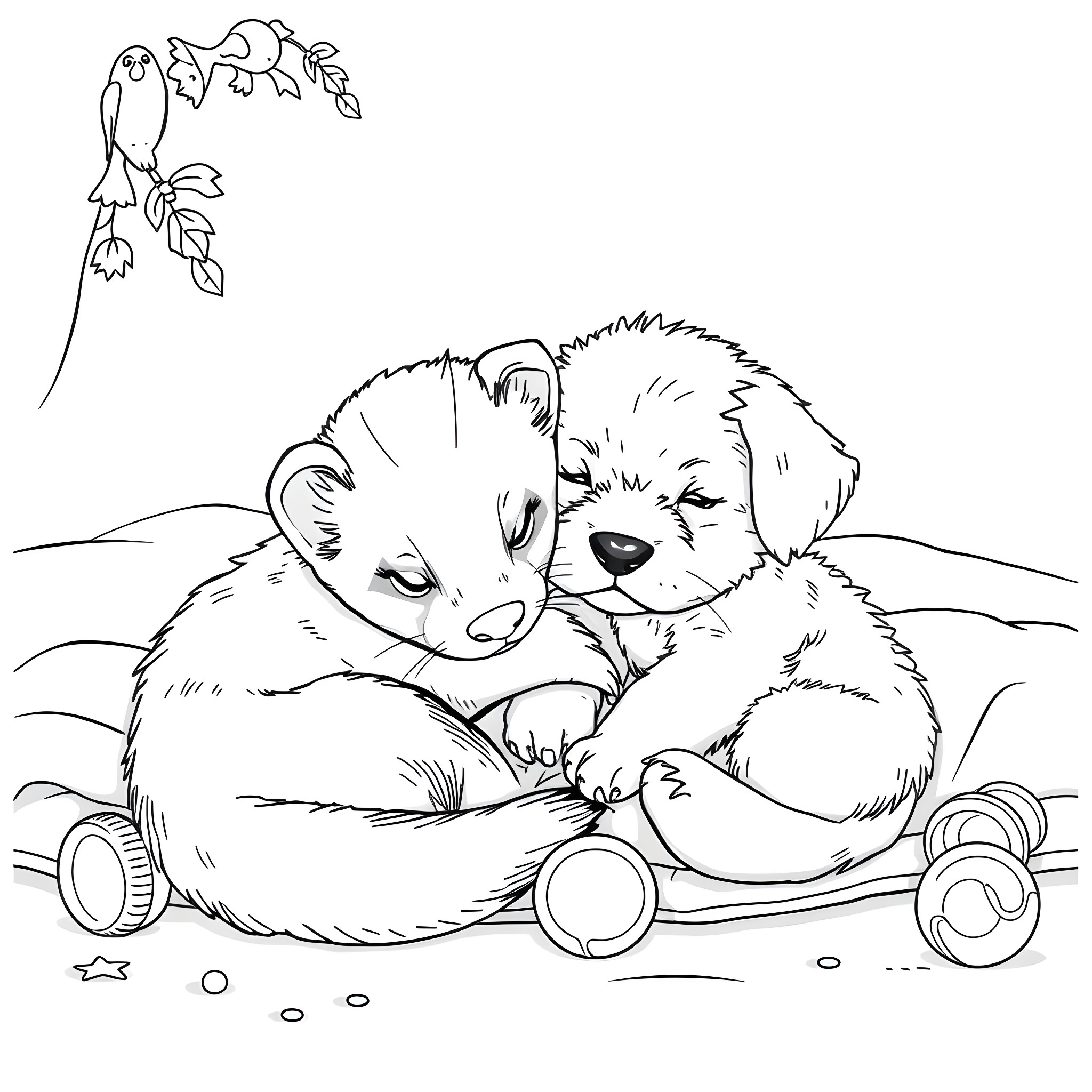 Ferret friends playing together in toy car Coloring Page (free black-and-white line drawing printable PDF for all, from beginners to advanced learners, including children, teens, adults, and seniors)