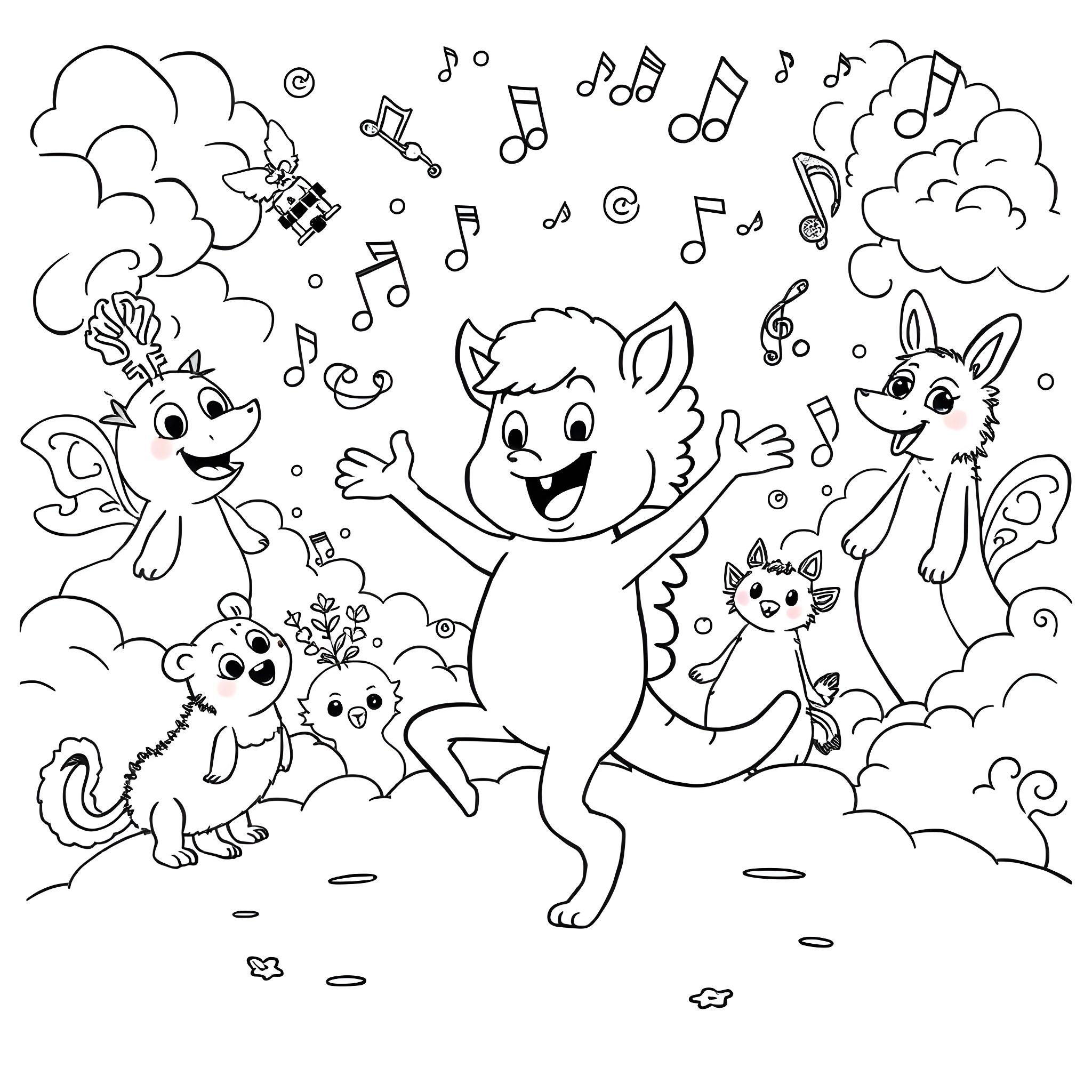 Coco and friends dance and play with musical notes Coloring Page (free black-and-white line drawing printable PDF for all, from beginners to advanced learners, including children, teens, adults, and seniors)