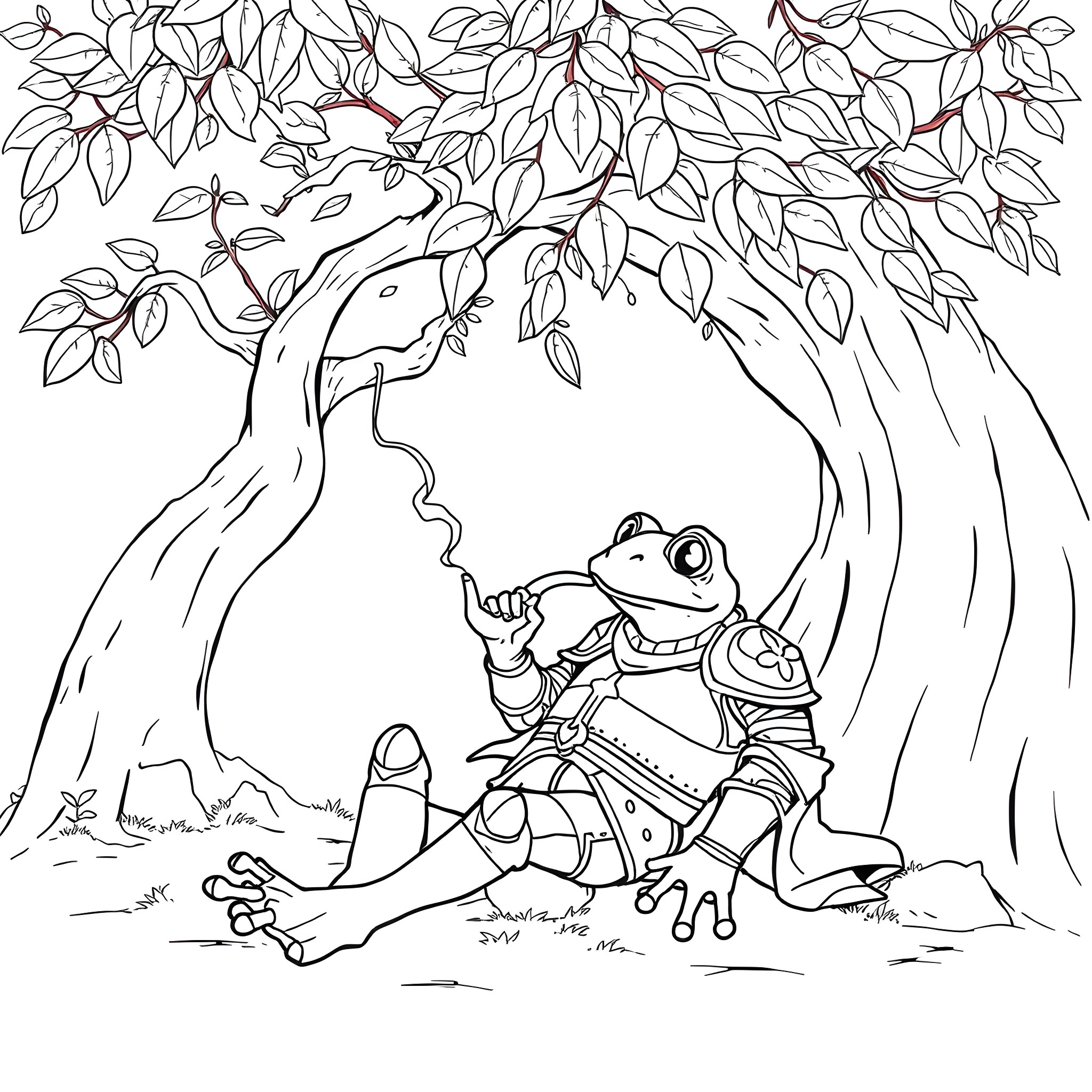 Frog exploring whimsical forest scene Coloring Page (free black-and-white line drawing printable PDF for all, from beginners to advanced learners, including children, teens, adults, and seniors)