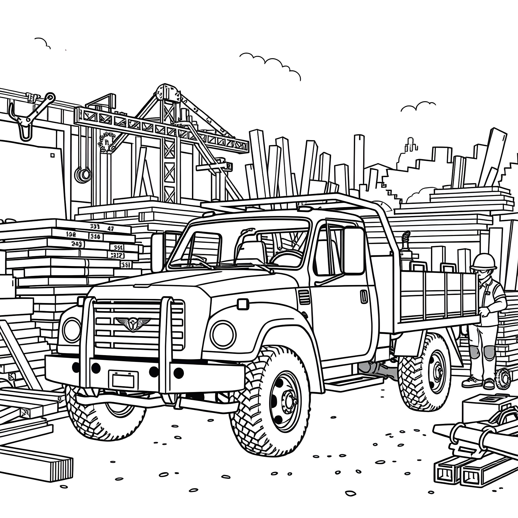 Pickup truck transporting construction materials at worksite Coloring Page (free black-and-white line drawing printable PDF for all, from beginners to advanced learners, including children, teens, adults, and seniors)