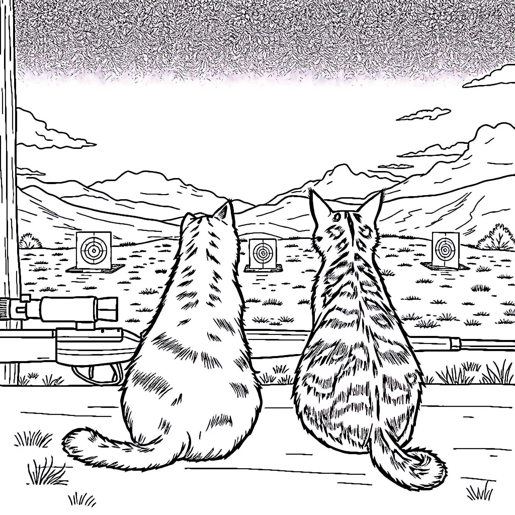 Cats watching shooting range targets in rural landscape Coloring Page (free black-and-white line drawing printable PDF for all, from beginners to advanced learners, including children, teens, adults, and seniors)