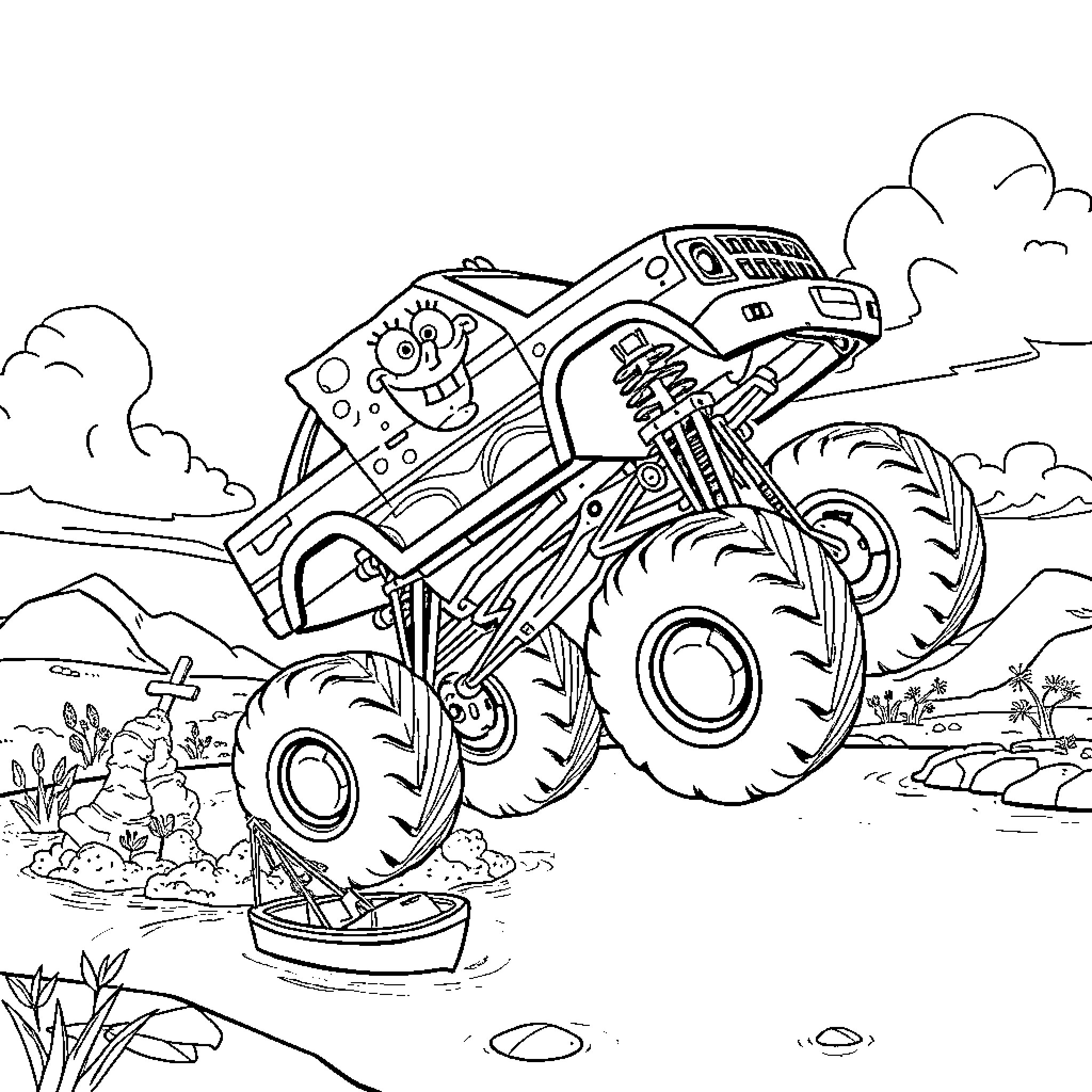 Spongebob Monster Truck Crushing through the Landscape Coloring Page (free black-and-white line drawing printable PDF for all, from beginners to advanced learners, including children, teens, adults, and seniors)