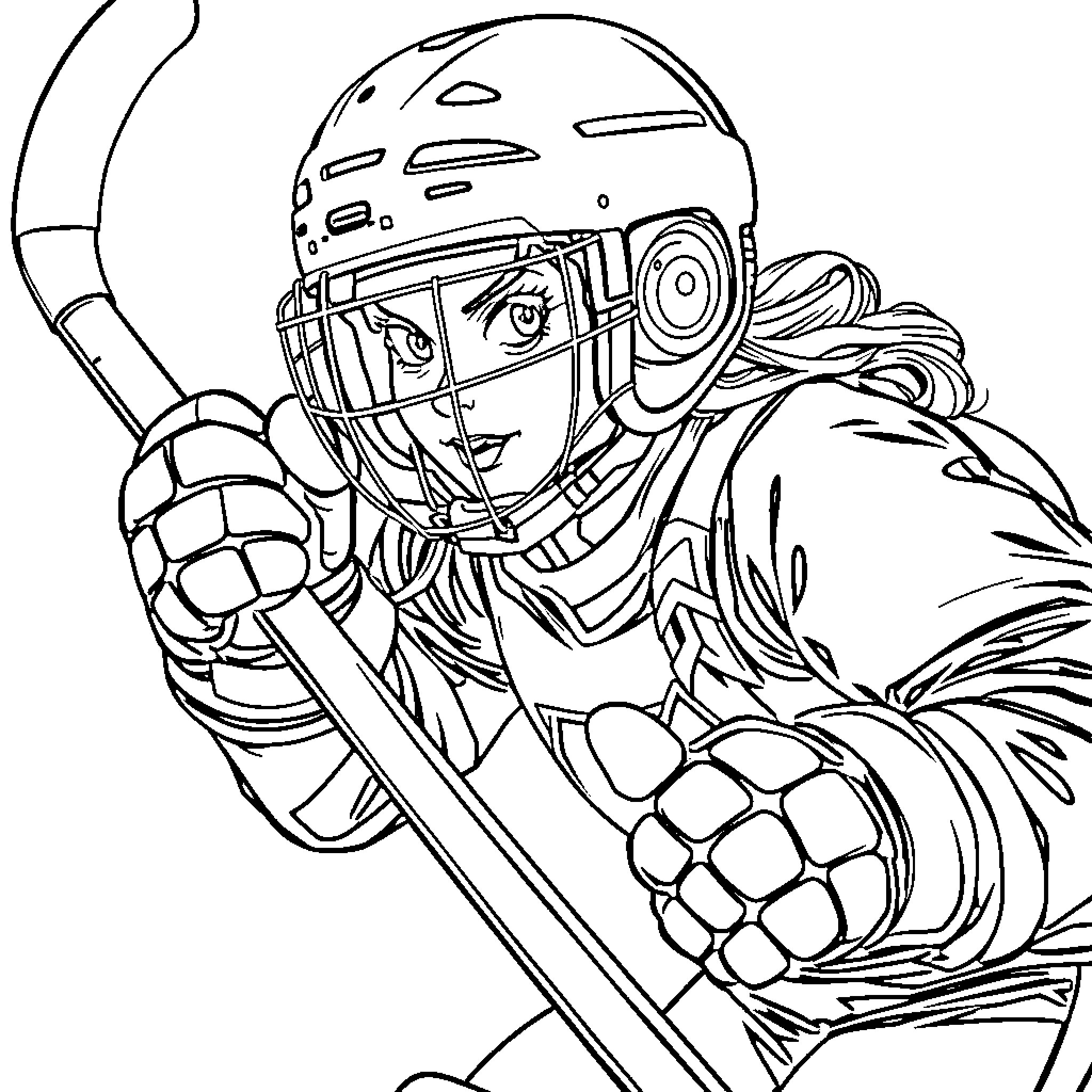 Eishockey Girl in Protective Gear and Action Pose Coloring Page (free black-and-white line drawing printable PDF for all, from beginners to advanced learners, including children, teens, adults, and seniors)