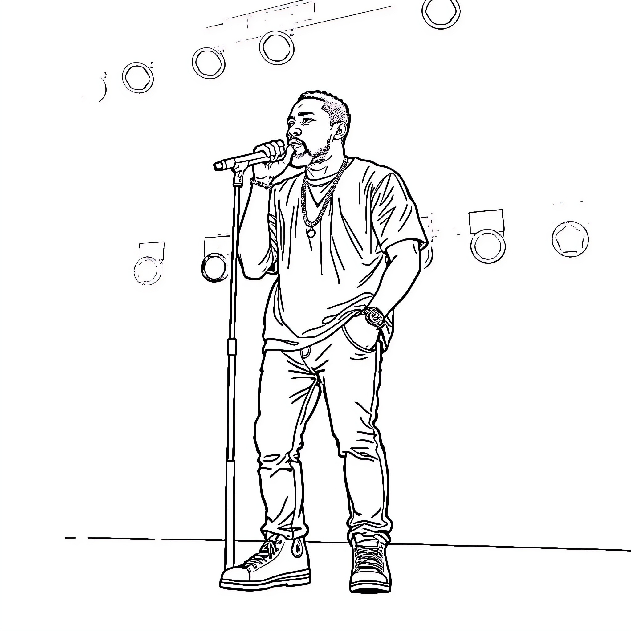 Kendrick Lamar performing on stage with microphone Coloring Page (free black-and-white line drawing printable PDF for all, from beginners to advanced learners, including children, teens, adults, and seniors)