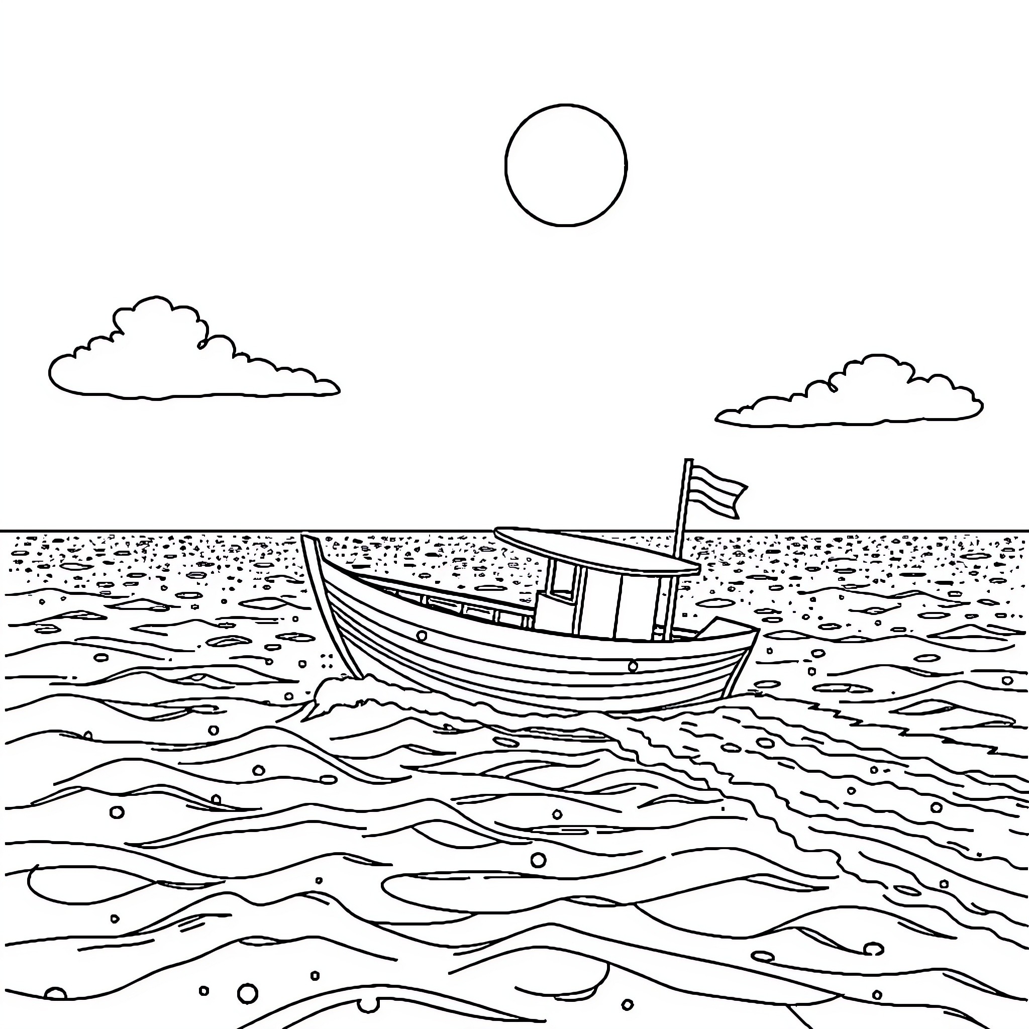 Boat sailing on the open sea Coloring Page (free black-and-white line drawing printable PDF for all, from beginners to advanced learners, including children, teens, adults, and seniors)