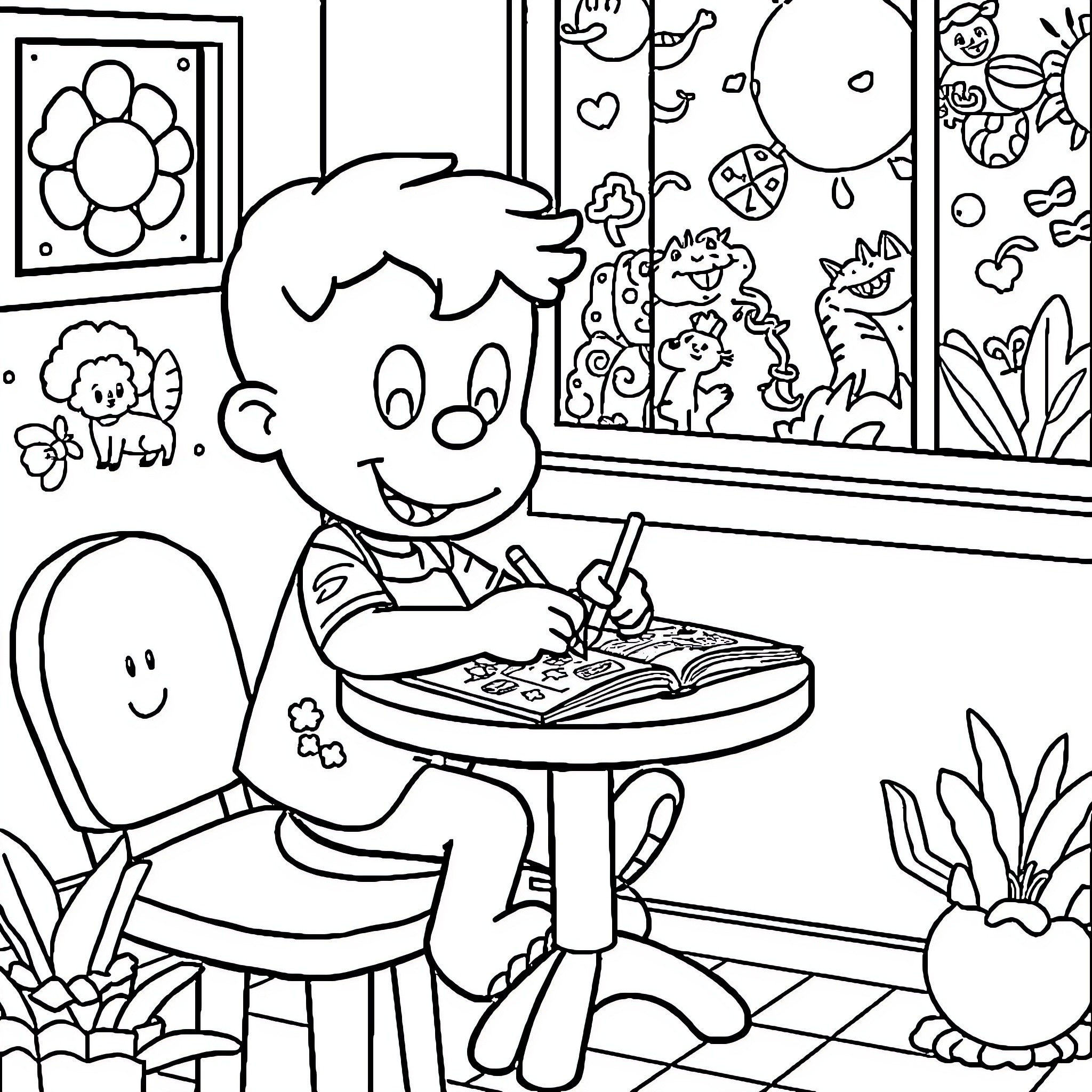 Wally Coloring Playfully in His Room Coloring Page (free black-and-white line drawing printable PDF for all, from beginners to advanced learners, including children, teens, adults, and seniors)