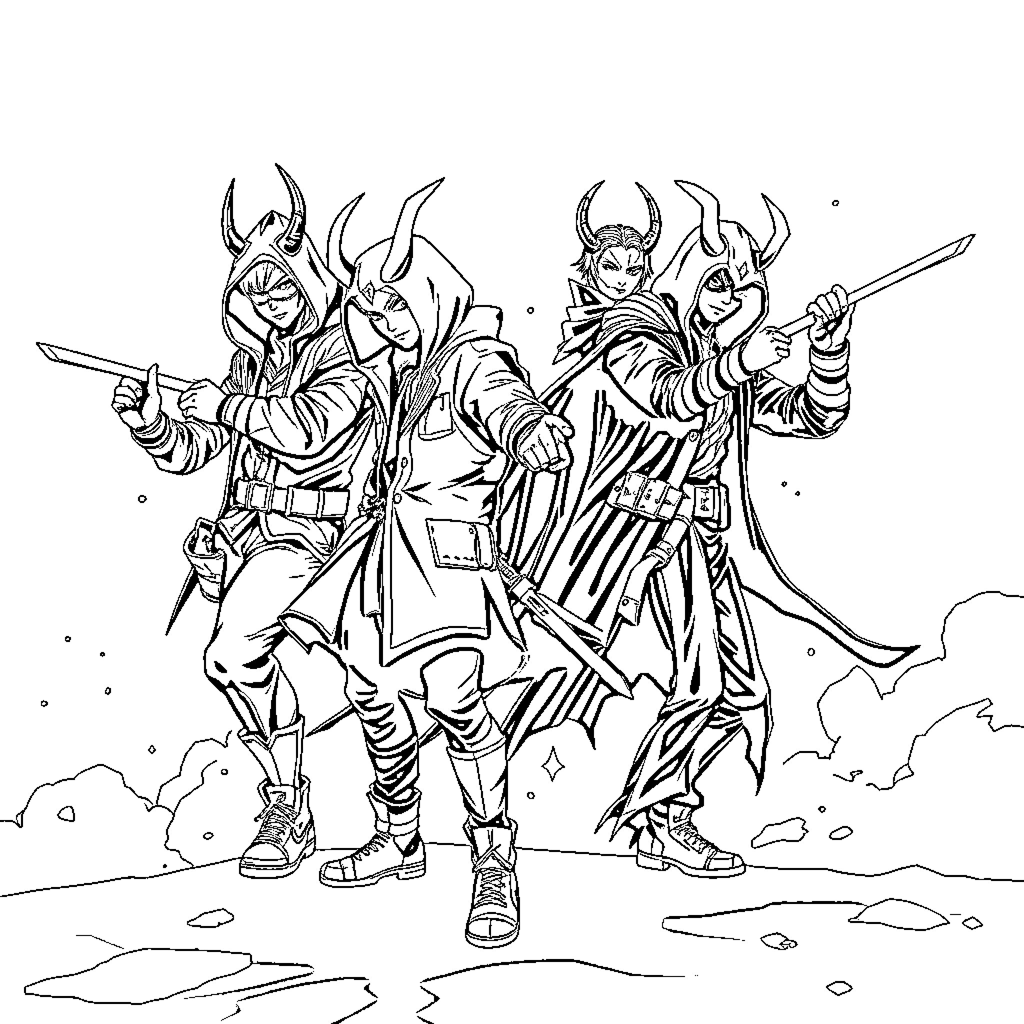 Demon Hunters in Fierce Combat Coloring Page (free black-and-white line drawing printable PDF for all, from beginners to advanced learners, including children, teens, adults, and seniors)