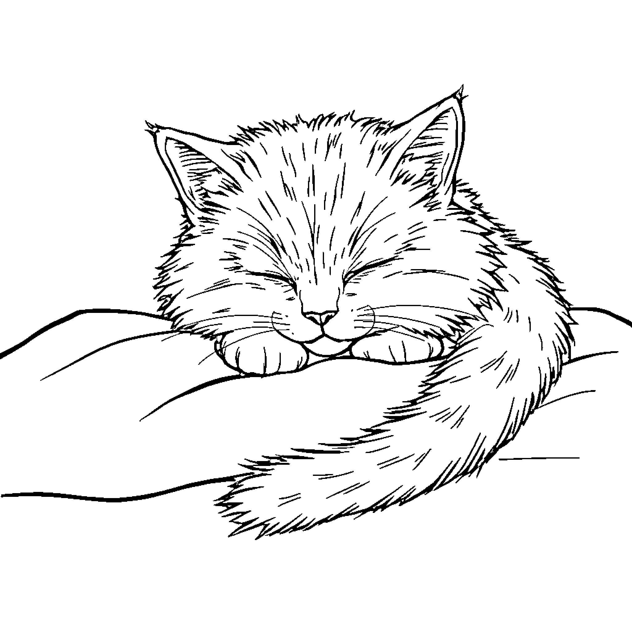 Cat sleeping peacefully on a soft surface Coloring Page (free black-and-white line drawing printable PDF for all, from beginners to advanced learners, including children, teens, adults, and seniors)