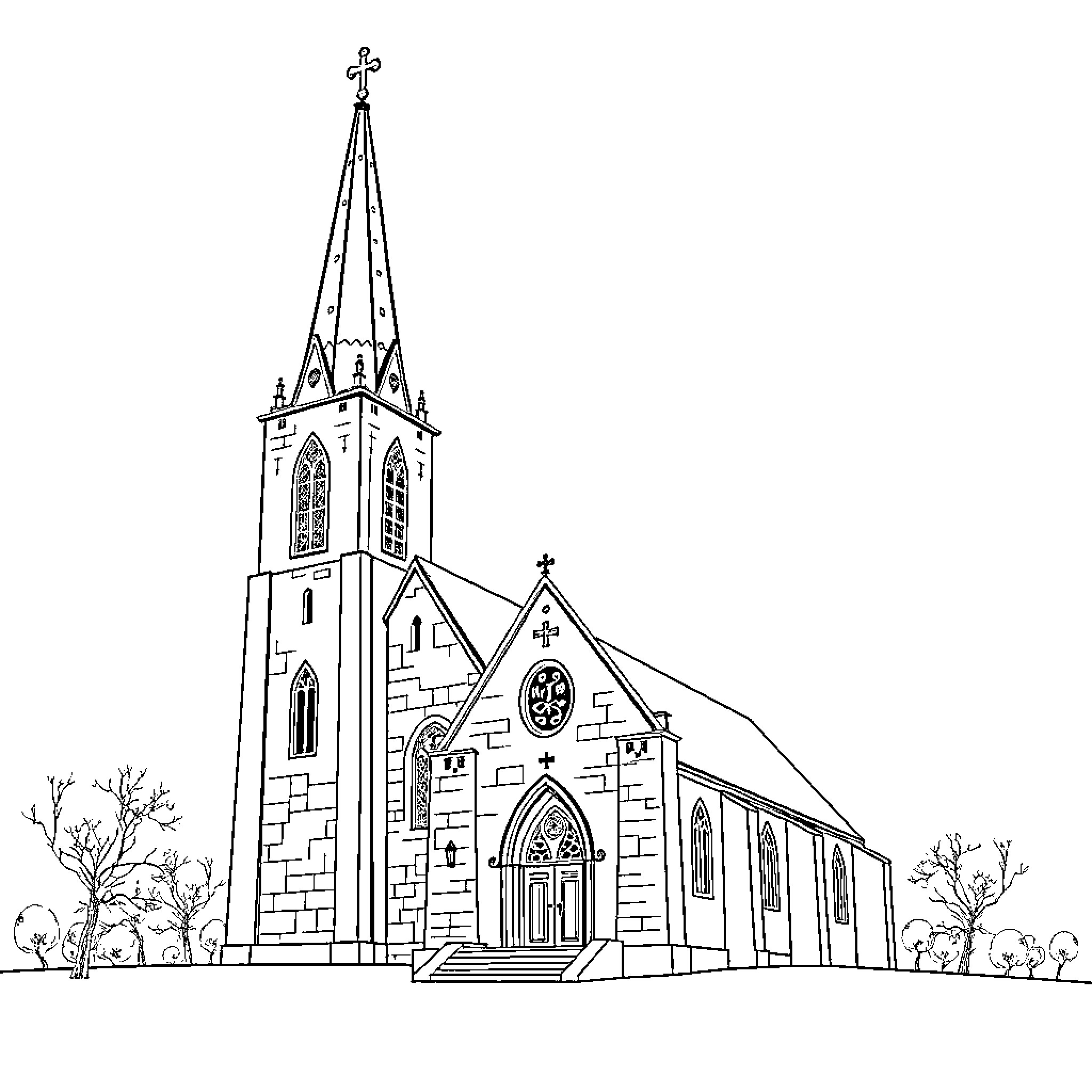 Church with Gothic architectural elements Coloring Page (free black-and-white line drawing printable PDF for all, from beginners to advanced learners, including children, teens, adults, and seniors)