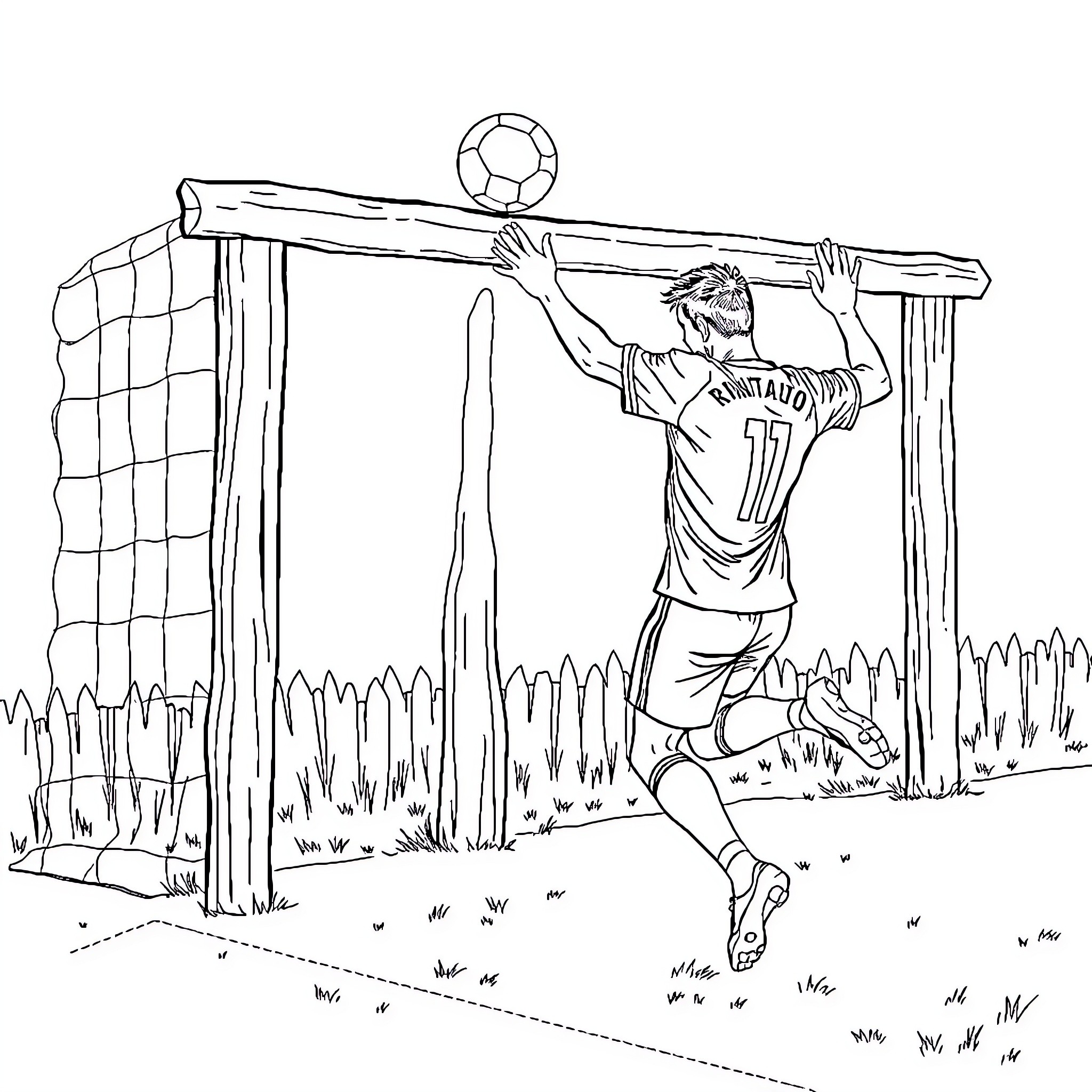 Cristianomarque playing soccer on the field Coloring Page (free black-and-white line drawing printable PDF for all, from beginners to advanced learners, including children, teens, adults, and seniors)