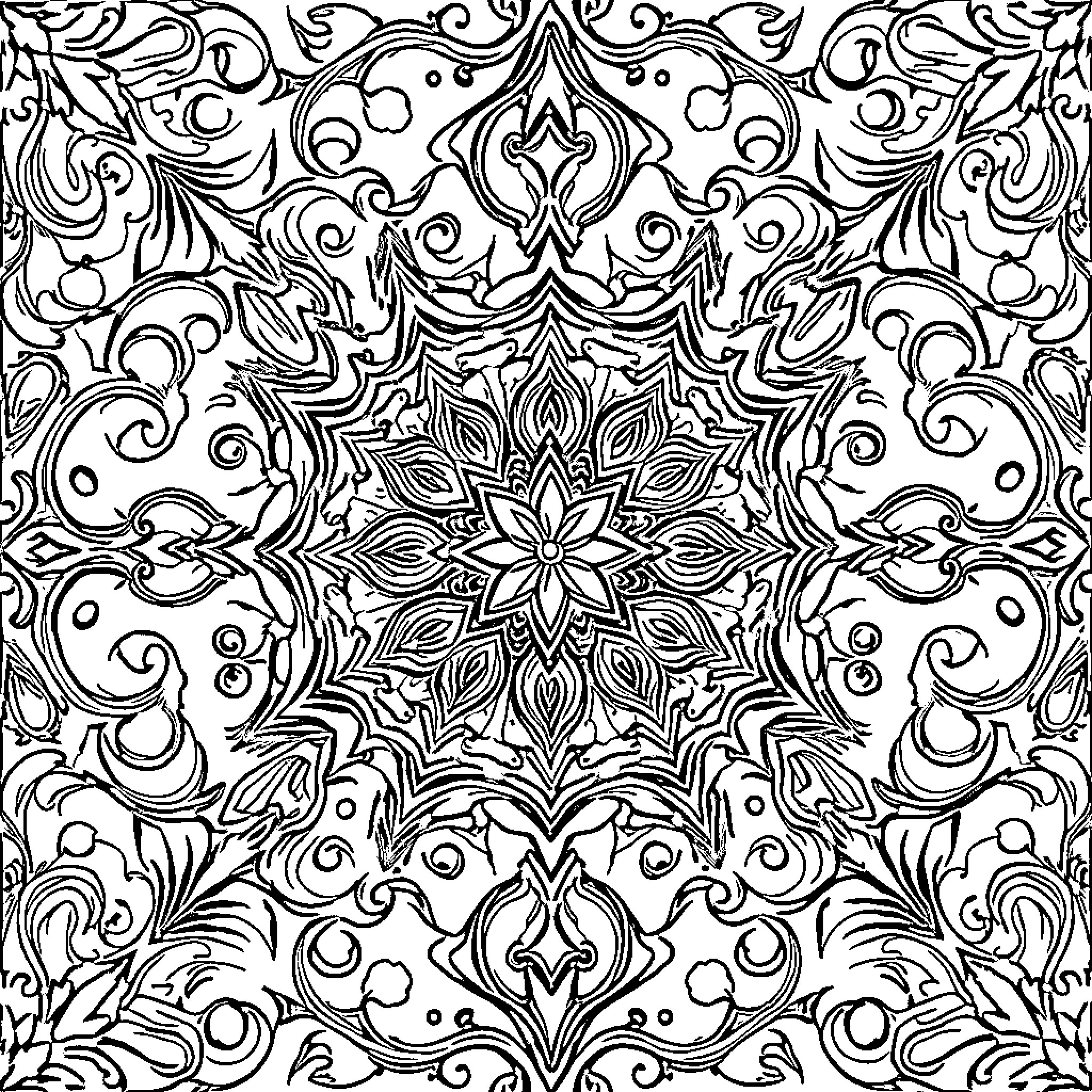 Islamic Pattern of Ornate Floral Symmetry Coloring Page (free black-and-white line drawing printable PDF for all, from beginners to advanced learners, including children, teens, adults, and seniors)