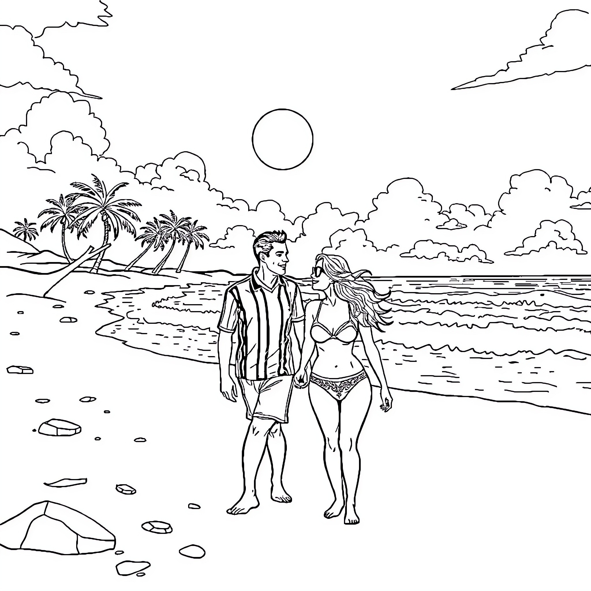 Cristiano Ronaldo and companion enjoy scenic beach Coloring Page (free black-and-white line drawing printable PDF for all, from beginners to advanced learners, including children, teens, adults, and seniors)