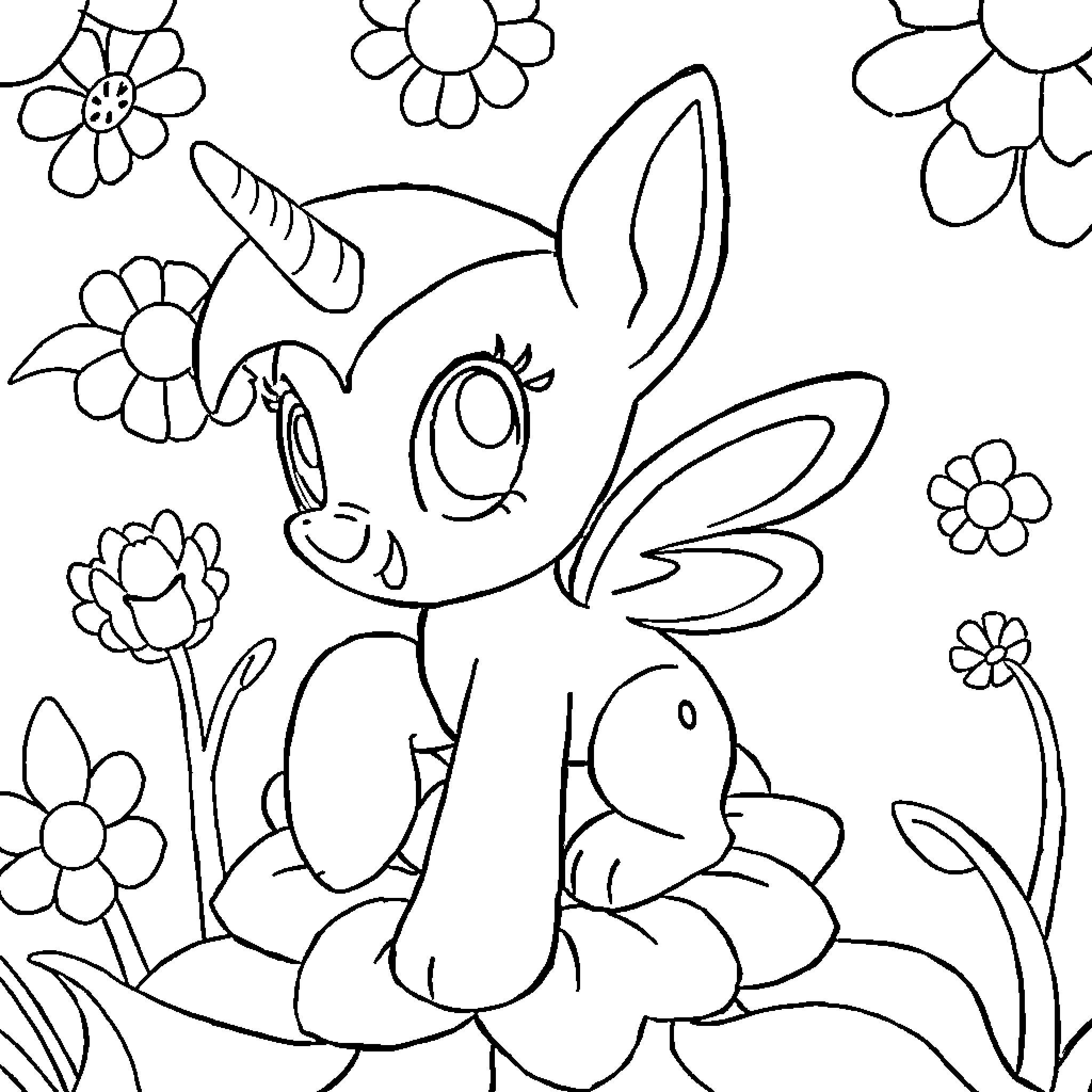Derpey Unicorn frolicking with whimsical flowers Coloring Page (free black-and-white line drawing printable PDF for all, from beginners to advanced learners, including children, teens, adults, and seniors)