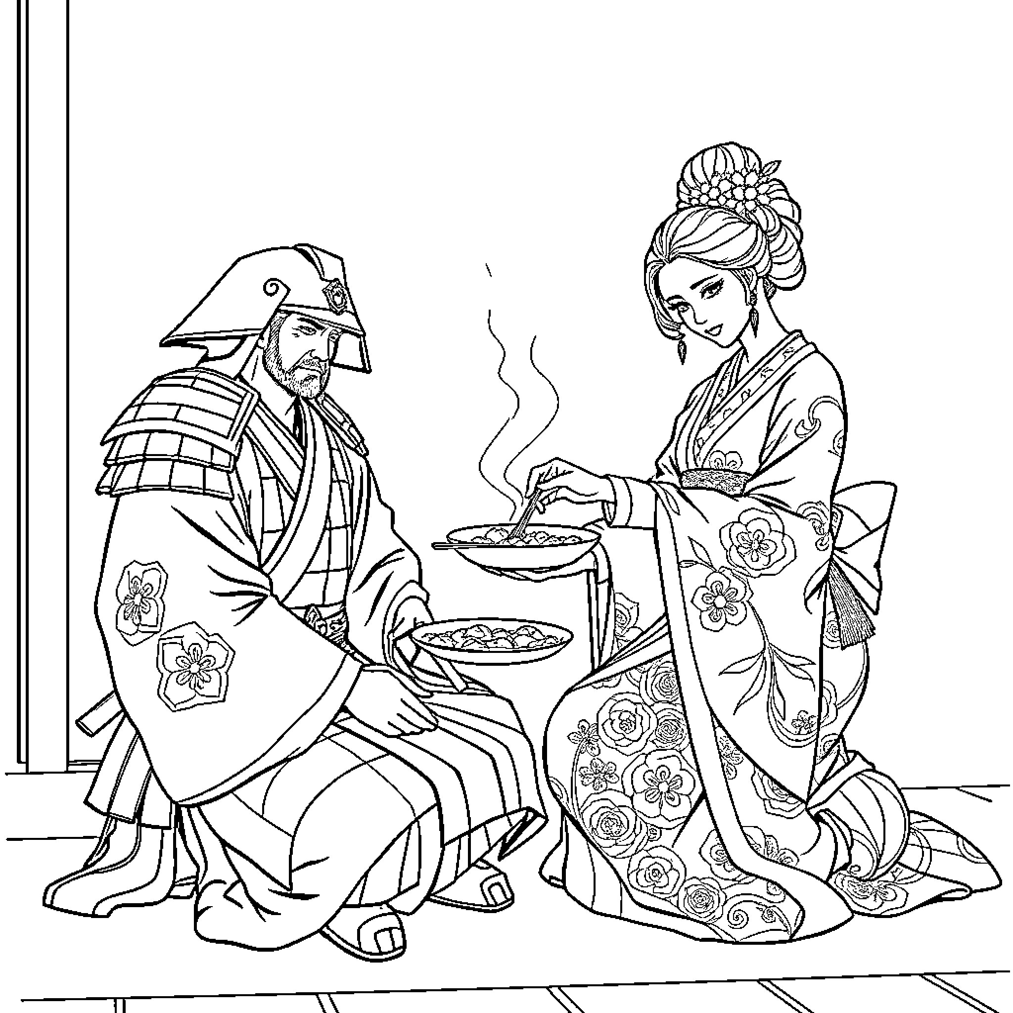 Samurai Warrior Served by Elegant Geisha Coloring Page (free black-and-white line drawing printable PDF for all, from beginners to advanced learners, including children, teens, adults, and seniors)