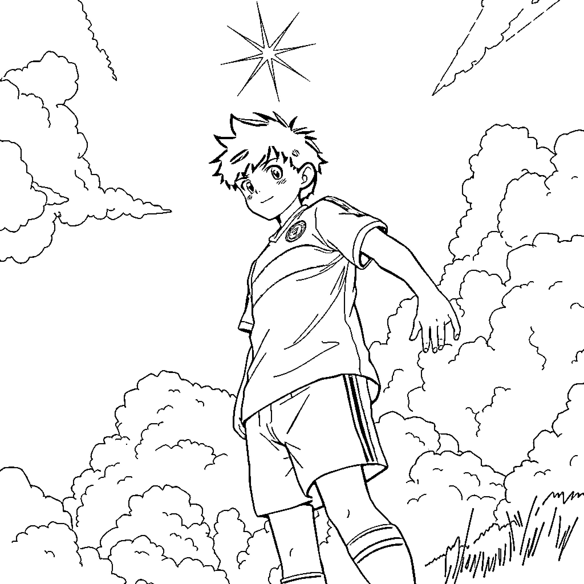 Kojiro's Adventurous Journey through the Clouds Coloring Page (free black-and-white line drawing printable PDF for all, from beginners to advanced learners, including children, teens, adults, and seniors)