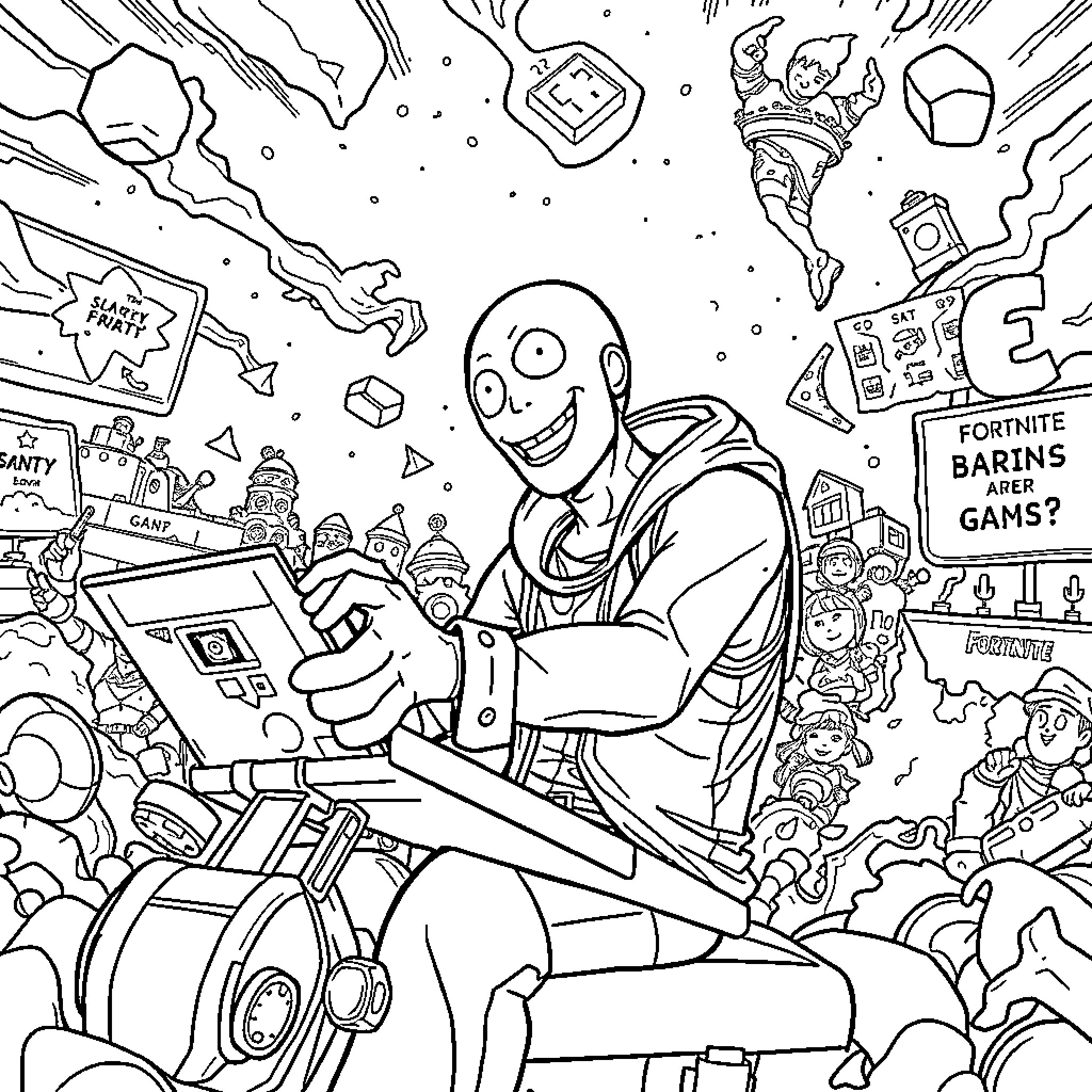 Silver Surfer navigating through a whimsical sci-fi landscape Coloring Page (free black-and-white line drawing printable PDF for all, from beginners to advanced learners, including children, teens, adults, and seniors)