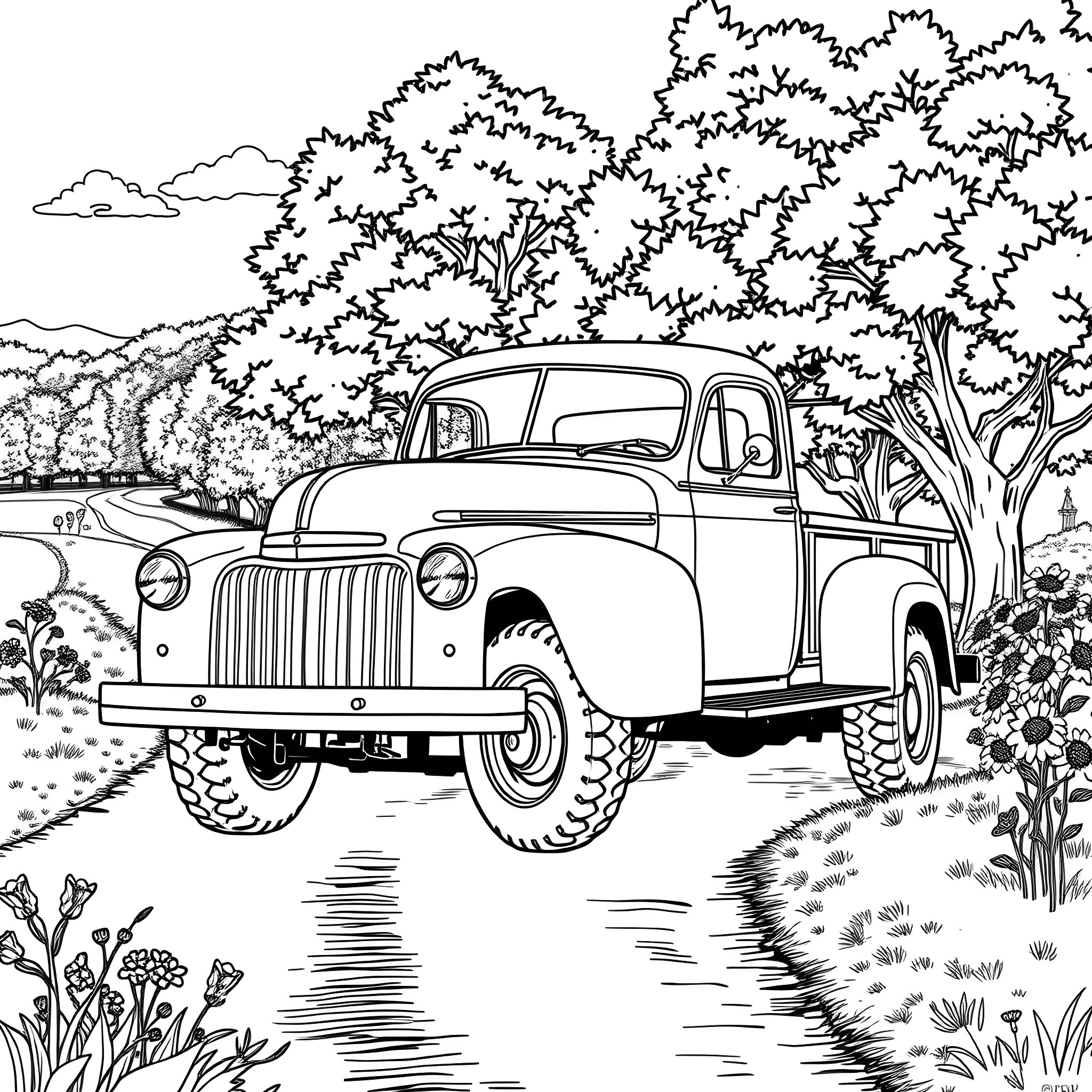 Truck parked in a rural countryside scene Coloring Page (free black-and-white line drawing printable PDF for all, from beginners to advanced learners, including children, teens, adults, and seniors)
