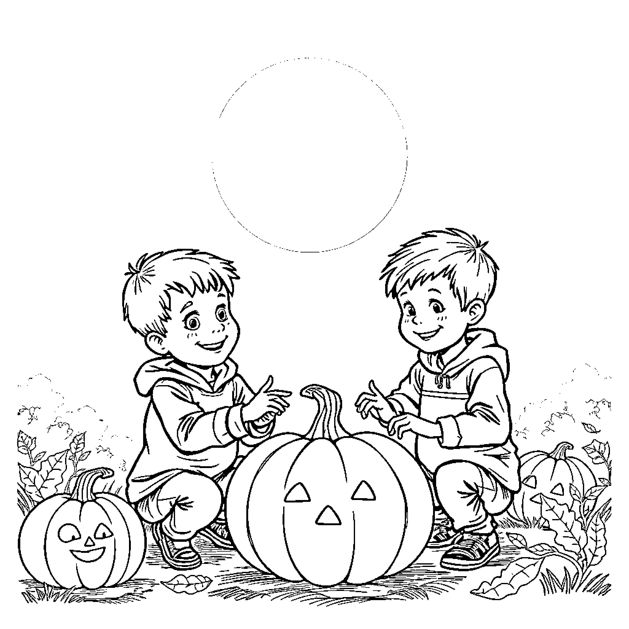 Boy and friend carving pumpkins for Halloween Coloring Page (free black-and-white line drawing printable PDF for all, from beginners to advanced learners, including children, teens, adults, and seniors)