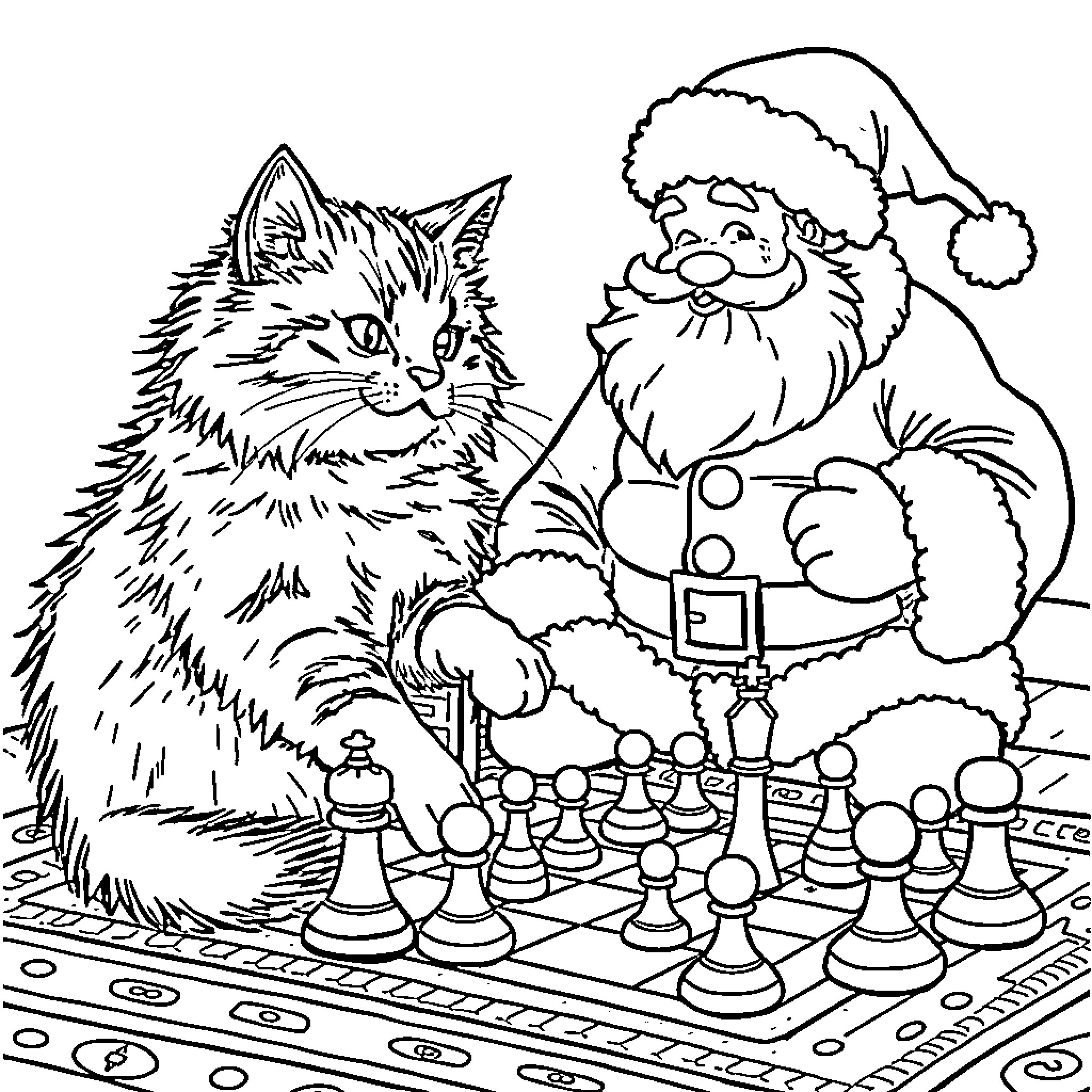 Cat and Santa Playing Chess Coloring Page (free black-and-white line drawing printable PDF for all, from beginners to advanced learners, including children, teens, adults, and seniors)