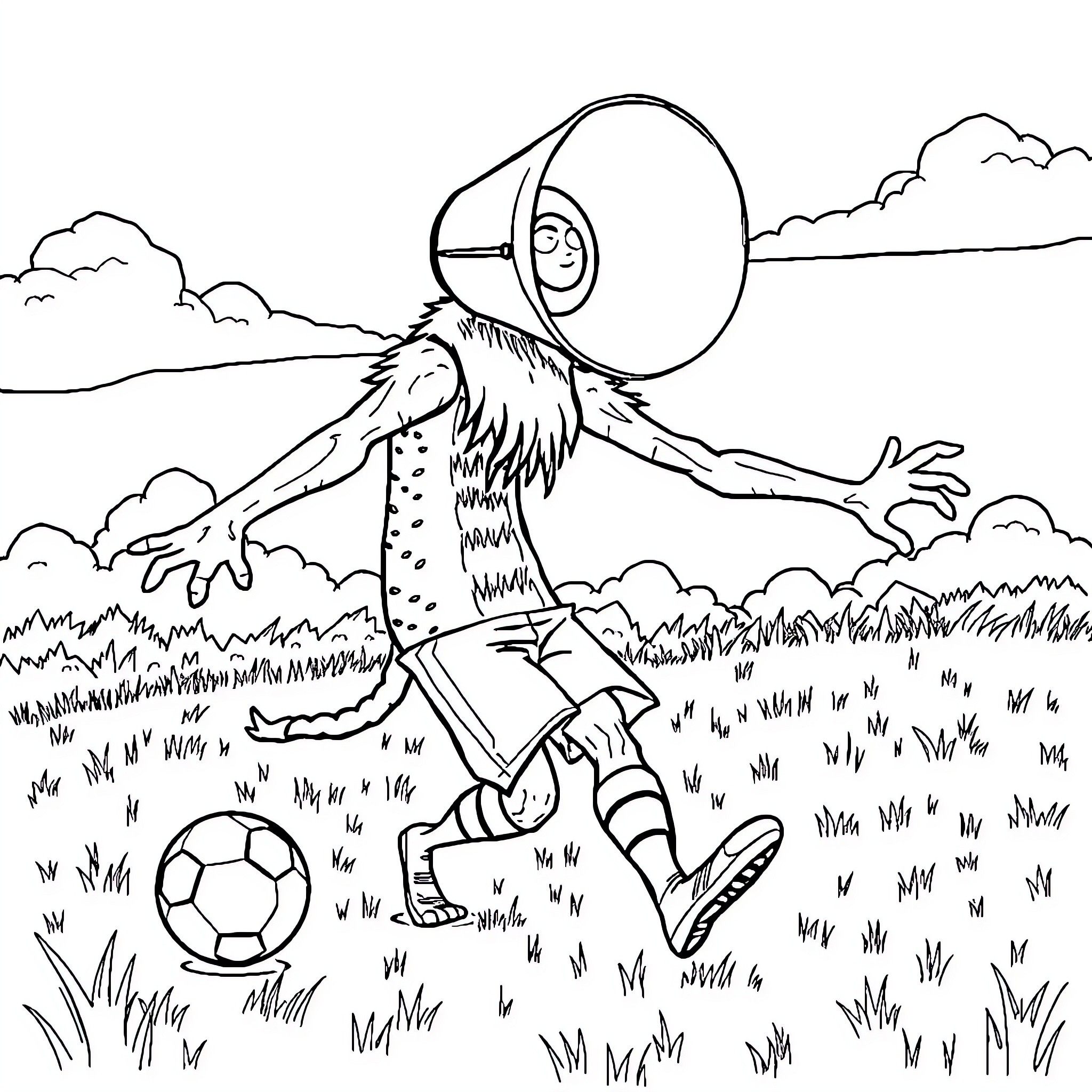 Siren Head playing soccer in the field Coloring Page (free black-and-white line drawing printable PDF for all, from beginners to advanced learners, including children, teens, adults, and seniors)