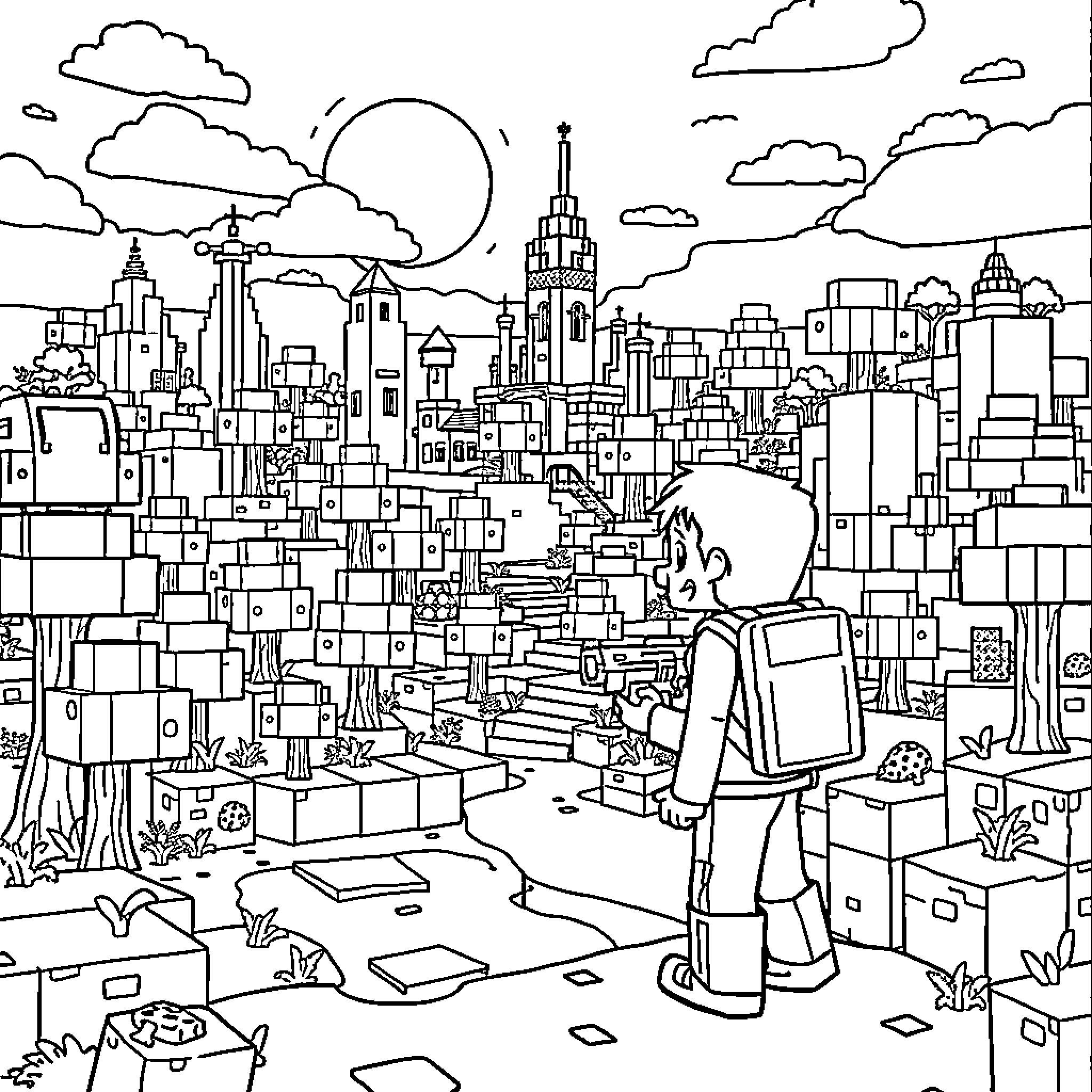 Boy exploring the bustling city skyline Coloring Page (free black-and-white line drawing printable PDF for all, from beginners to advanced learners, including children, teens, adults, and seniors)