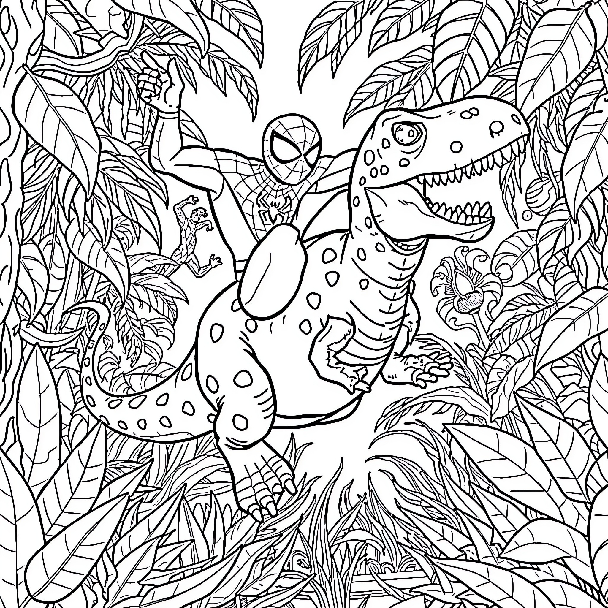 Spiderman exploring the jungle with prehistoric creatures Coloring Page (free black-and-white line drawing printable PDF for all, from beginners to advanced learners, including children, teens, adults, and seniors)