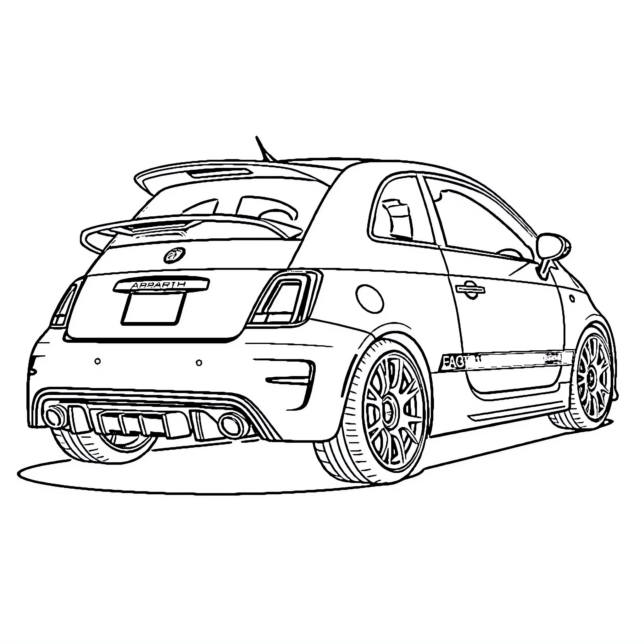 Abarth 595 sports car in action Coloring Page (free black-and-white line drawing printable PDF for all, from beginners to advanced learners, including children, teens, adults, and seniors)
