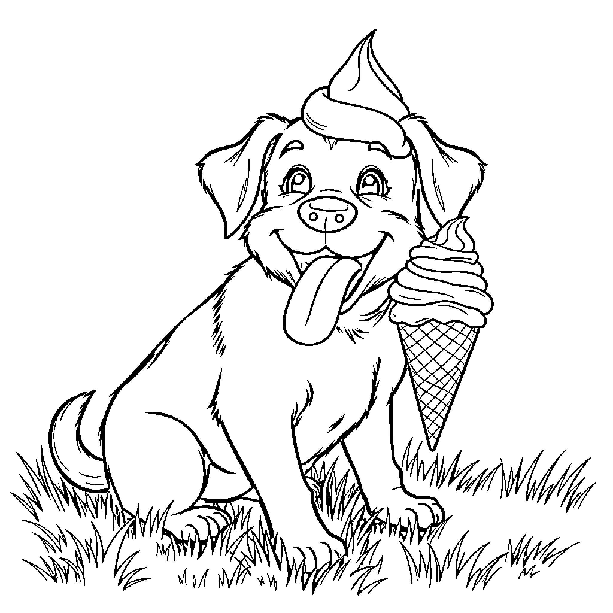 Dog enjoying ice cream in the park Coloring Page (free black-and-white line drawing printable PDF for all, from beginners to advanced learners, including children, teens, adults, and seniors)