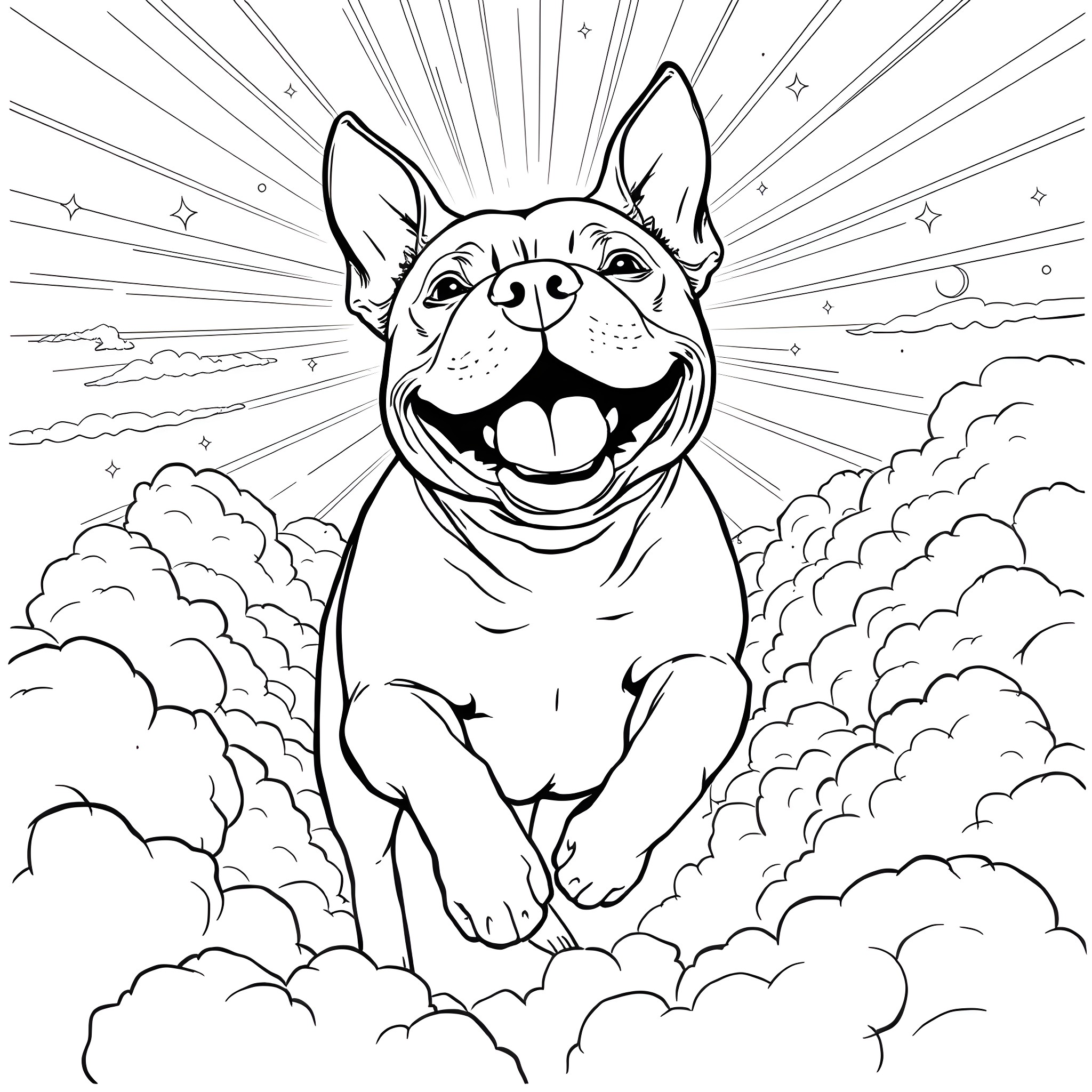 Pitbull's Playful Cloud Surfing Adventure Coloring Page (free black-and-white line drawing printable PDF for all, from beginners to advanced learners, including children, teens, adults, and seniors)