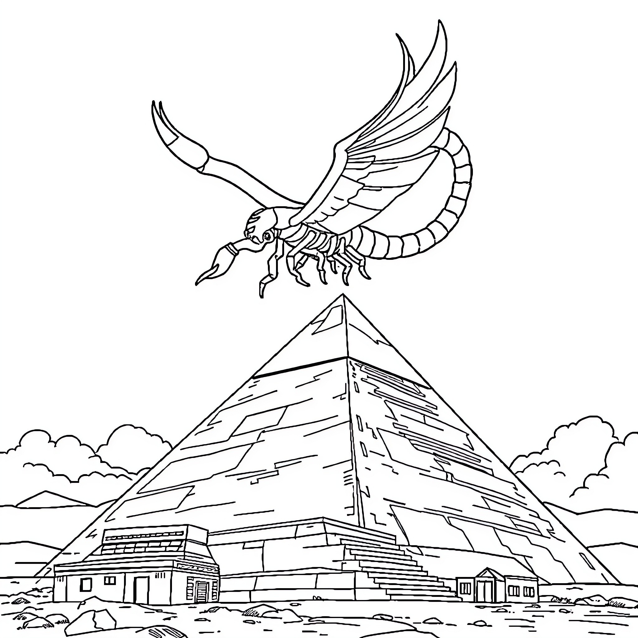 Scorpion soaring over ancient pyramid Coloring Page (free black-and-white line drawing printable PDF for all, from beginners to advanced learners, including children, teens, adults, and seniors)