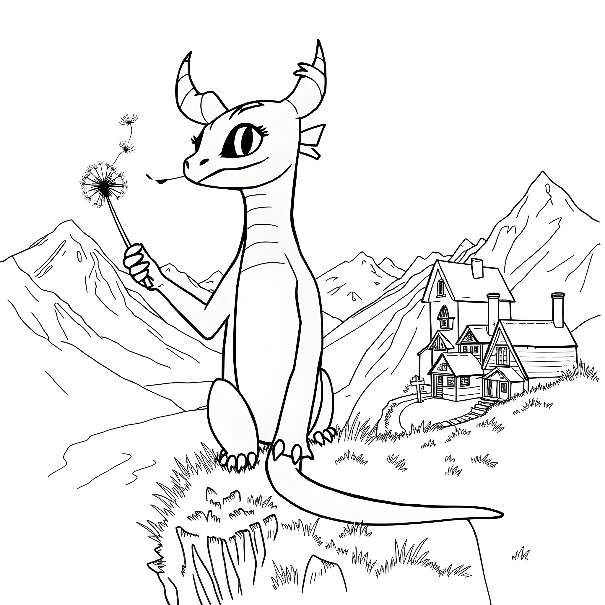 Toothless dragon blowing dandelions in the mountains Coloring Page (free black-and-white line drawing printable PDF for all, from beginners to advanced learners, including children, teens, adults, and seniors)