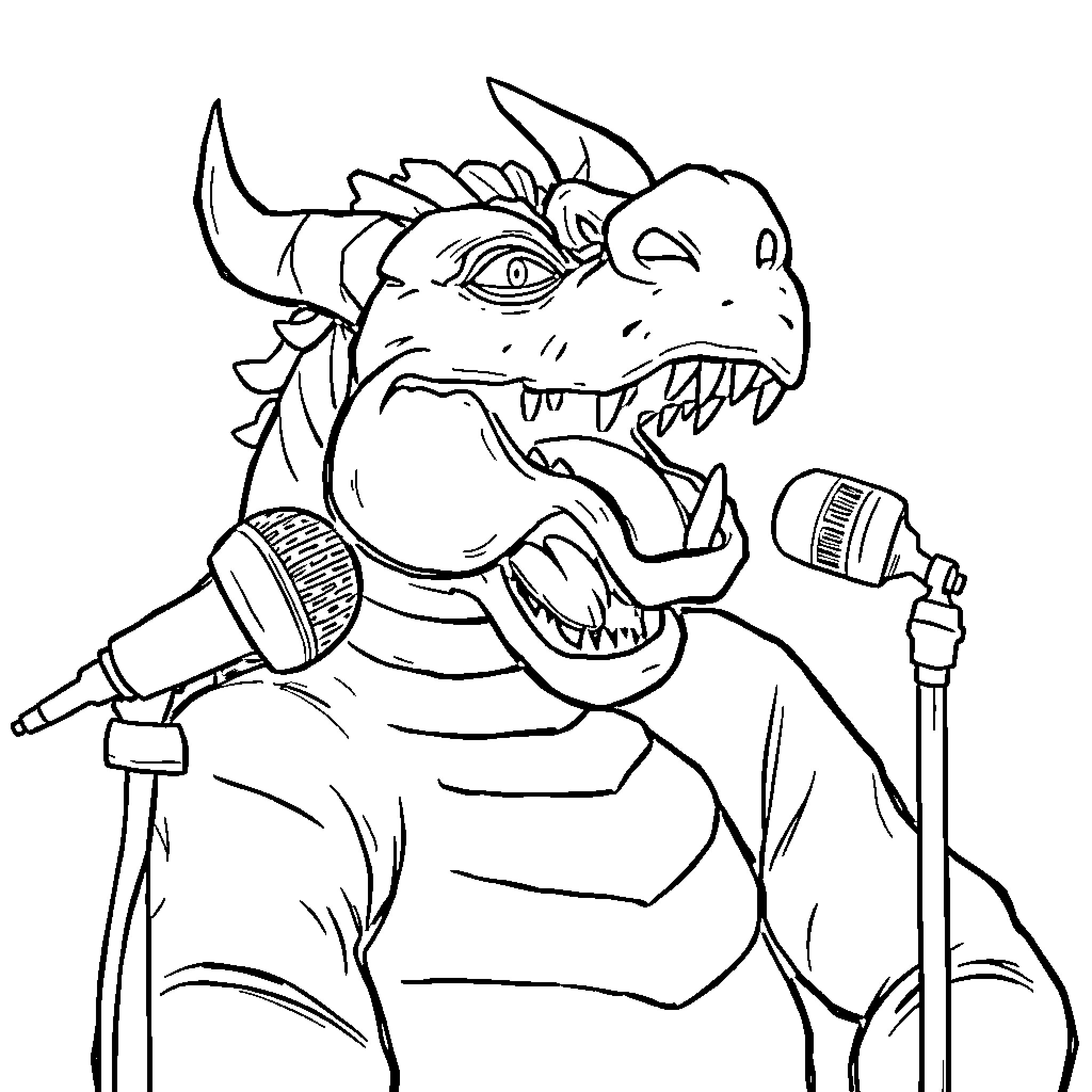 Drago the Ferocious Dragon Singing Karaoke Coloring Page (free black-and-white line drawing printable PDF for all, from beginners to advanced learners, including children, teens, adults, and seniors)