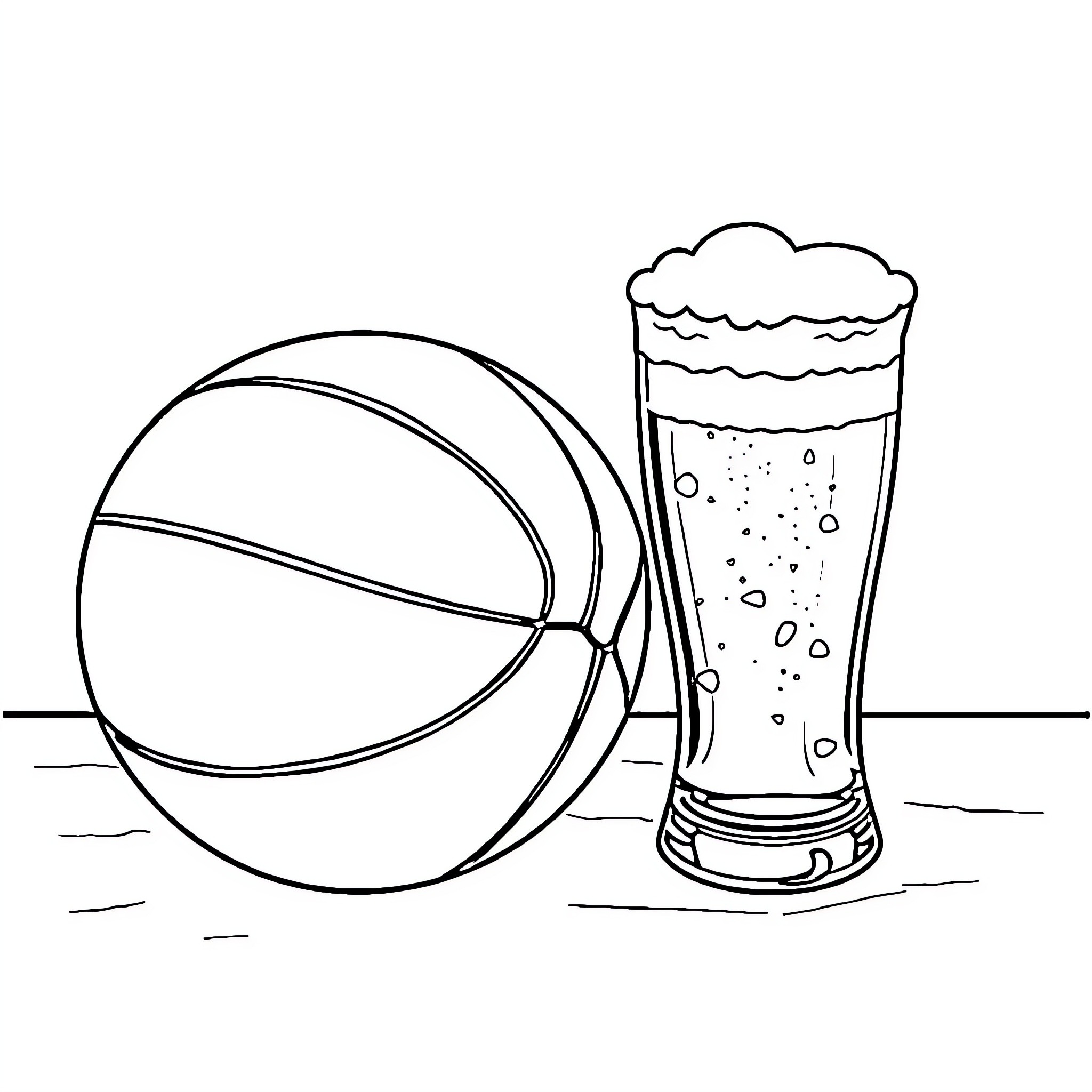 Basketball with Refreshing Beverage Coloring Page (free black-and-white line drawing printable PDF for all, from beginners to advanced learners, including children, teens, adults, and seniors)