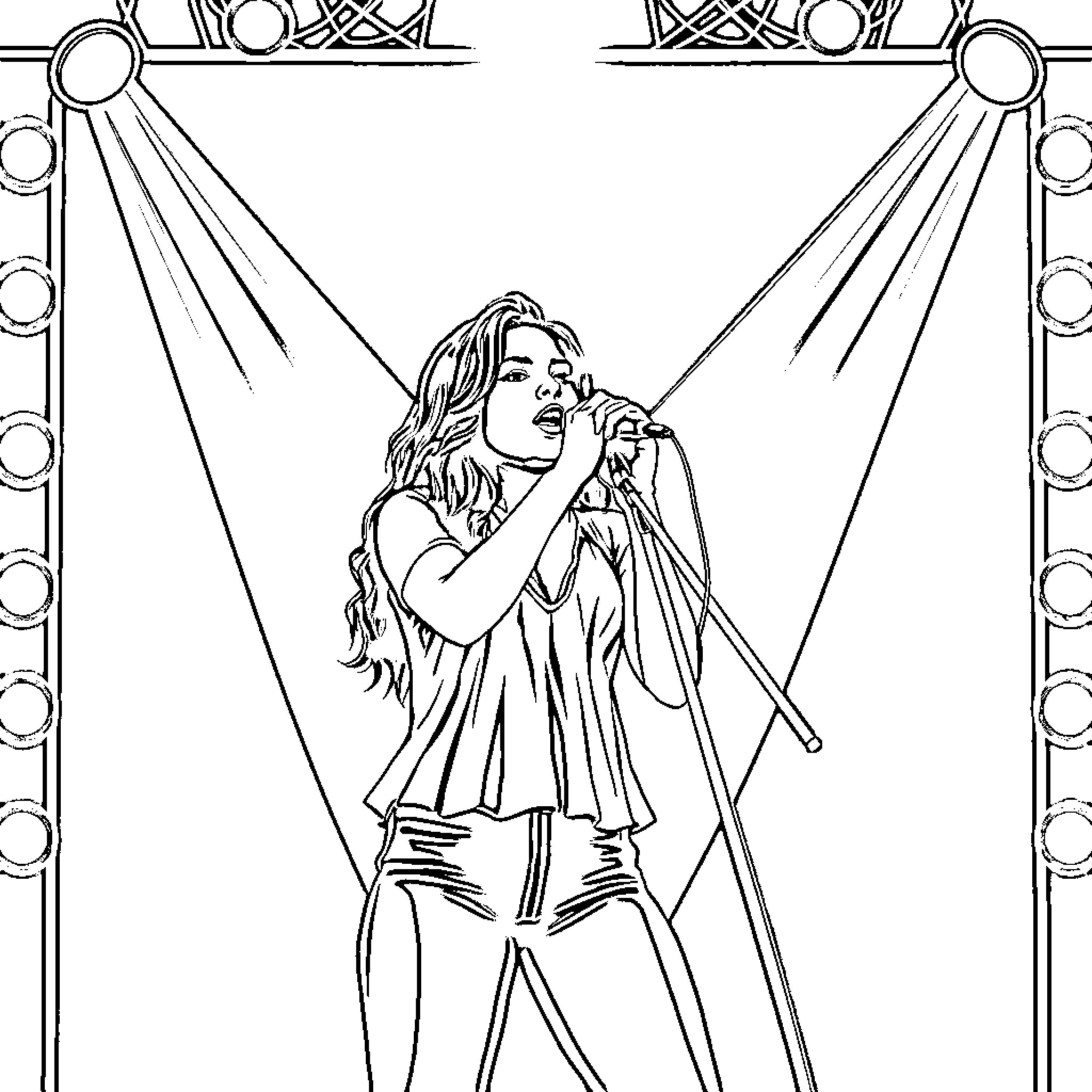 Camila Cabello performing on stage Coloring Page (free black-and-white line drawing printable PDF for all, from beginners to advanced learners, including children, teens, adults, and seniors)