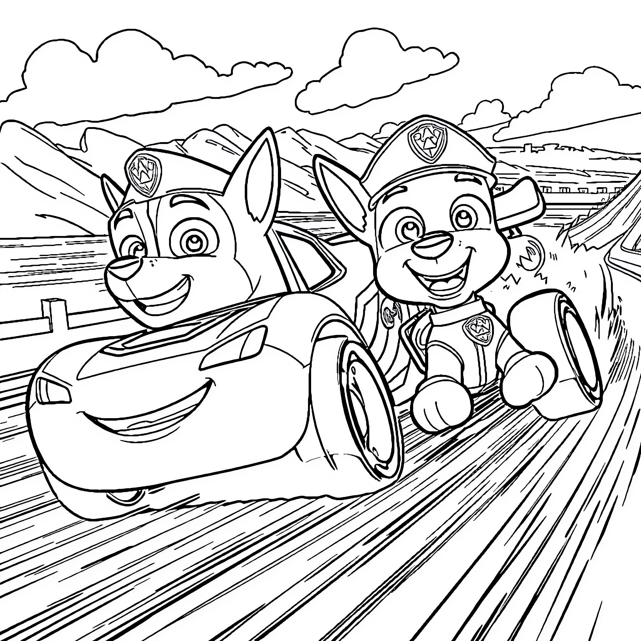 Flash McQueen and Paw Patrol Pups on an Adventure Coloring Page (free black-and-white line drawing printable PDF for all, from beginners to advanced learners, including children, teens, adults, and seniors)