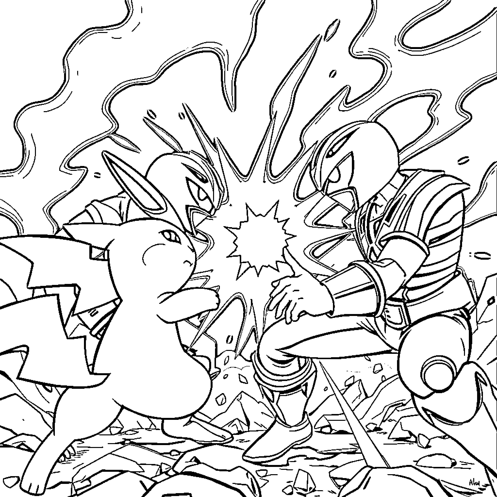 Pokémon Intense Battle Scene with Clash of Attacks Coloring Page (free black-and-white line drawing printable PDF for all, from beginners to advanced learners, including children, teens, adults, and seniors)