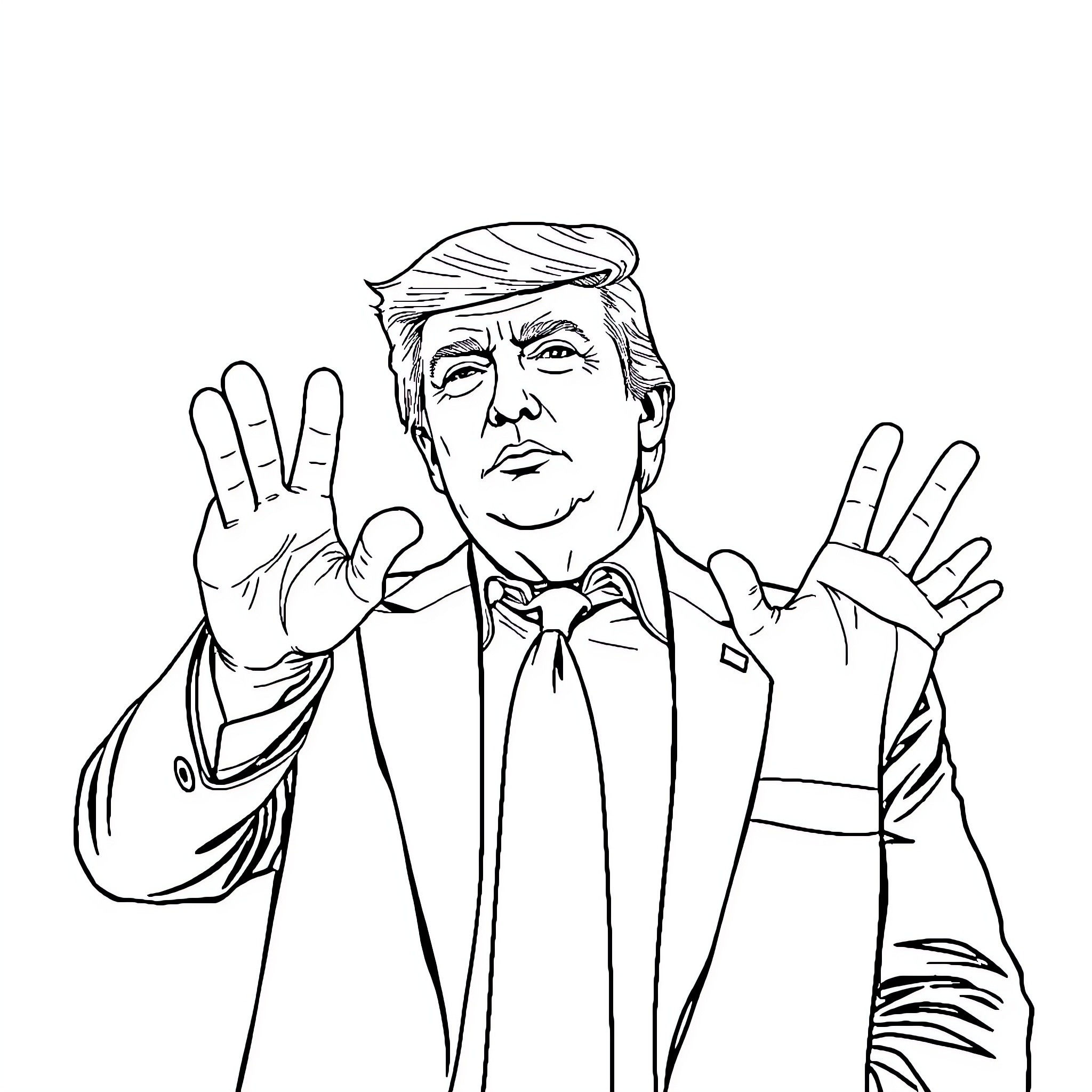 Donald Trump gesturing with hands in formal attire Coloring Page (free black-and-white line drawing printable PDF for all, from beginners to advanced learners, including children, teens, adults, and seniors)