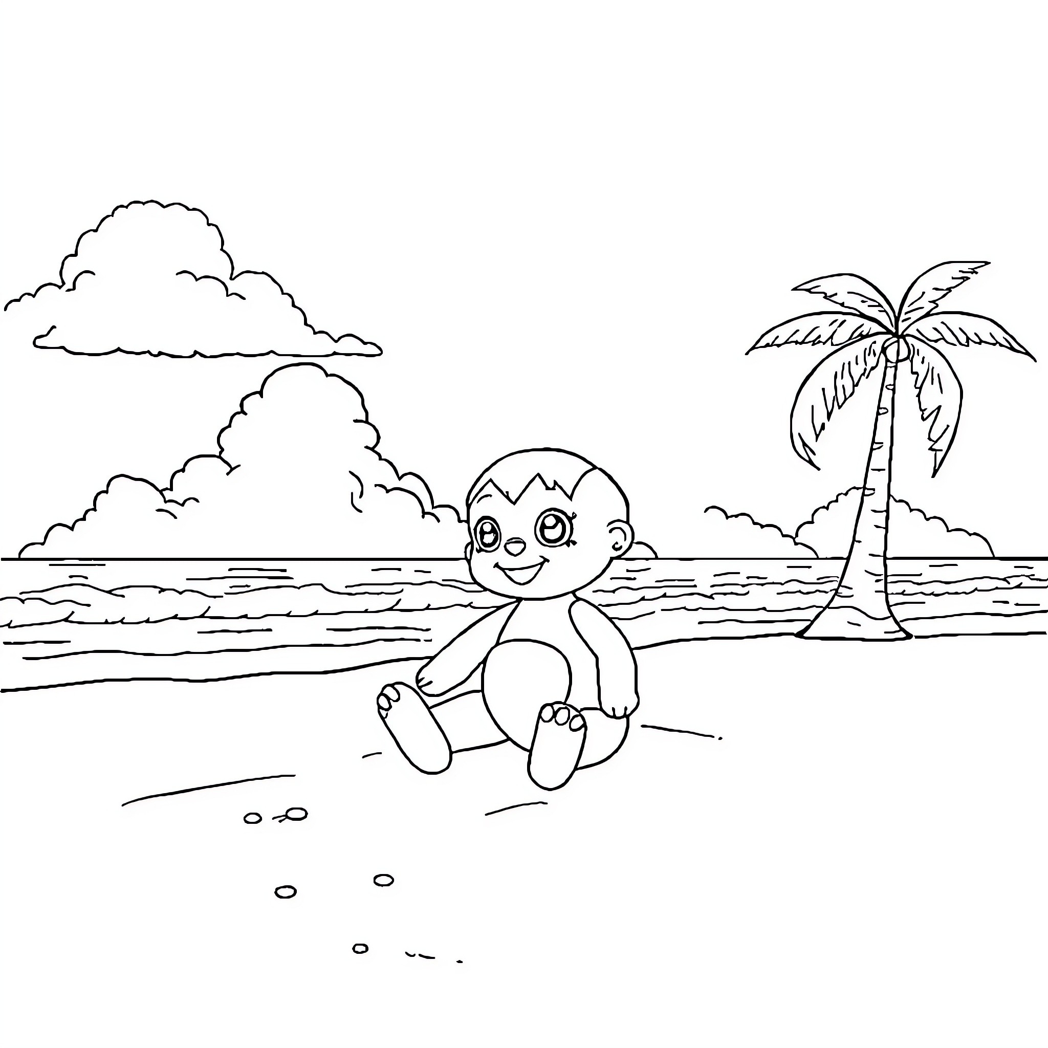 Labubu's Sunny Beach Adventure Coloring Page (free black-and-white line drawing printable PDF for all, from beginners to advanced learners, including children, teens, adults, and seniors)