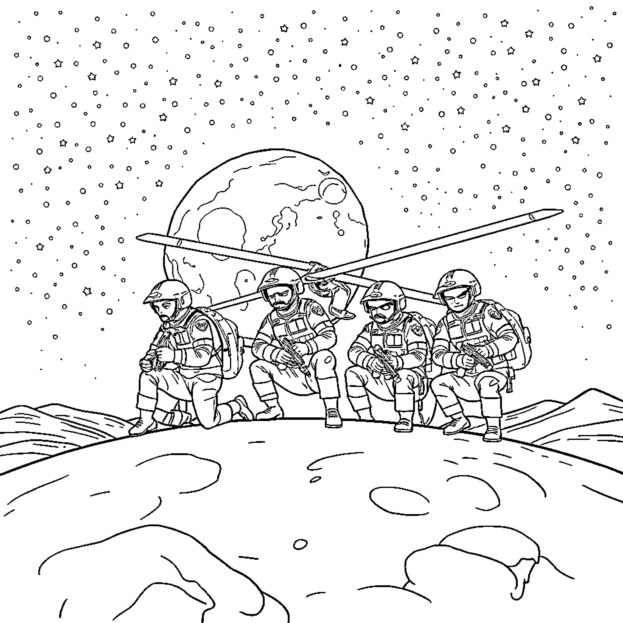 Patrol in space exploring the lunar surface Coloring Page (free black-and-white line drawing printable PDF for all, from beginners to advanced learners, including children, teens, adults, and seniors)