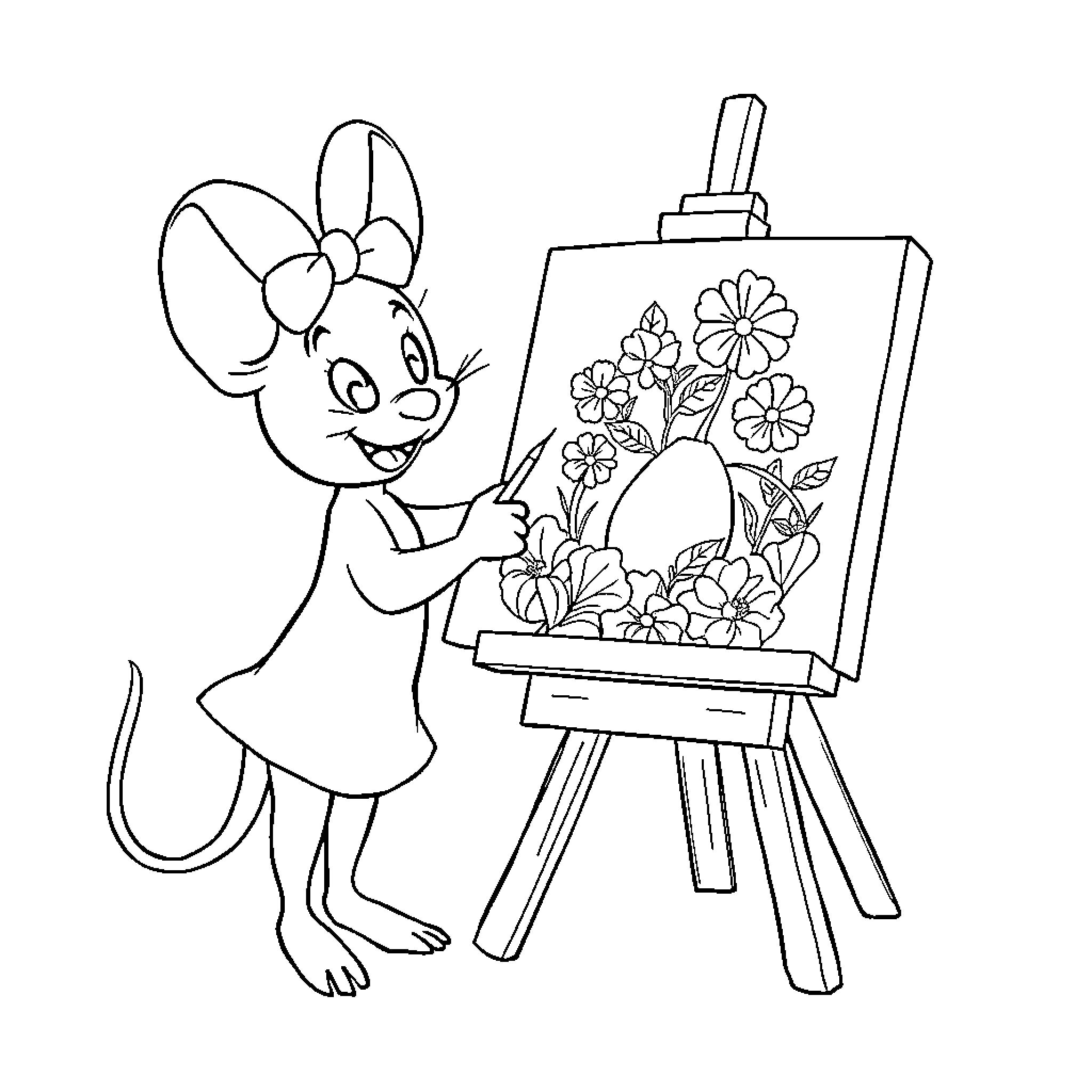 Mimi Mouse painting a floral artwork Coloring Page (free black-and-white line drawing printable PDF for all, from beginners to advanced learners, including children, teens, adults, and seniors)