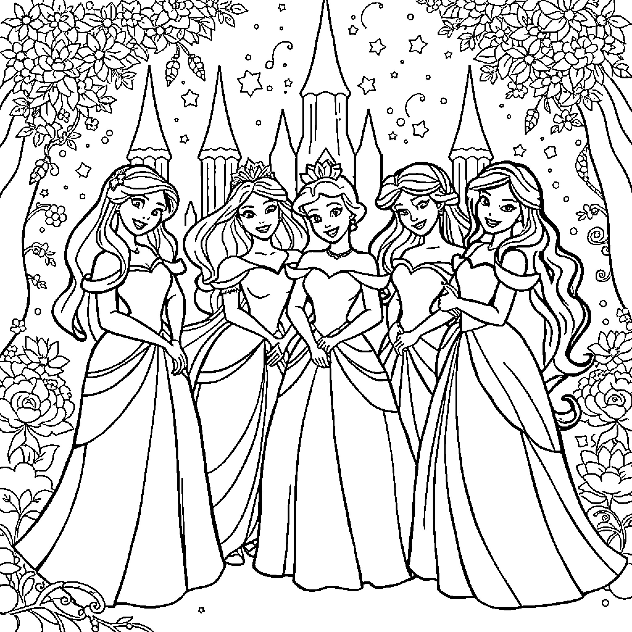 Disney Princesses in a Magical Castle Scene Coloring Page (free black-and-white line drawing printable PDF for all, from beginners to advanced learners, including children, teens, adults, and seniors)