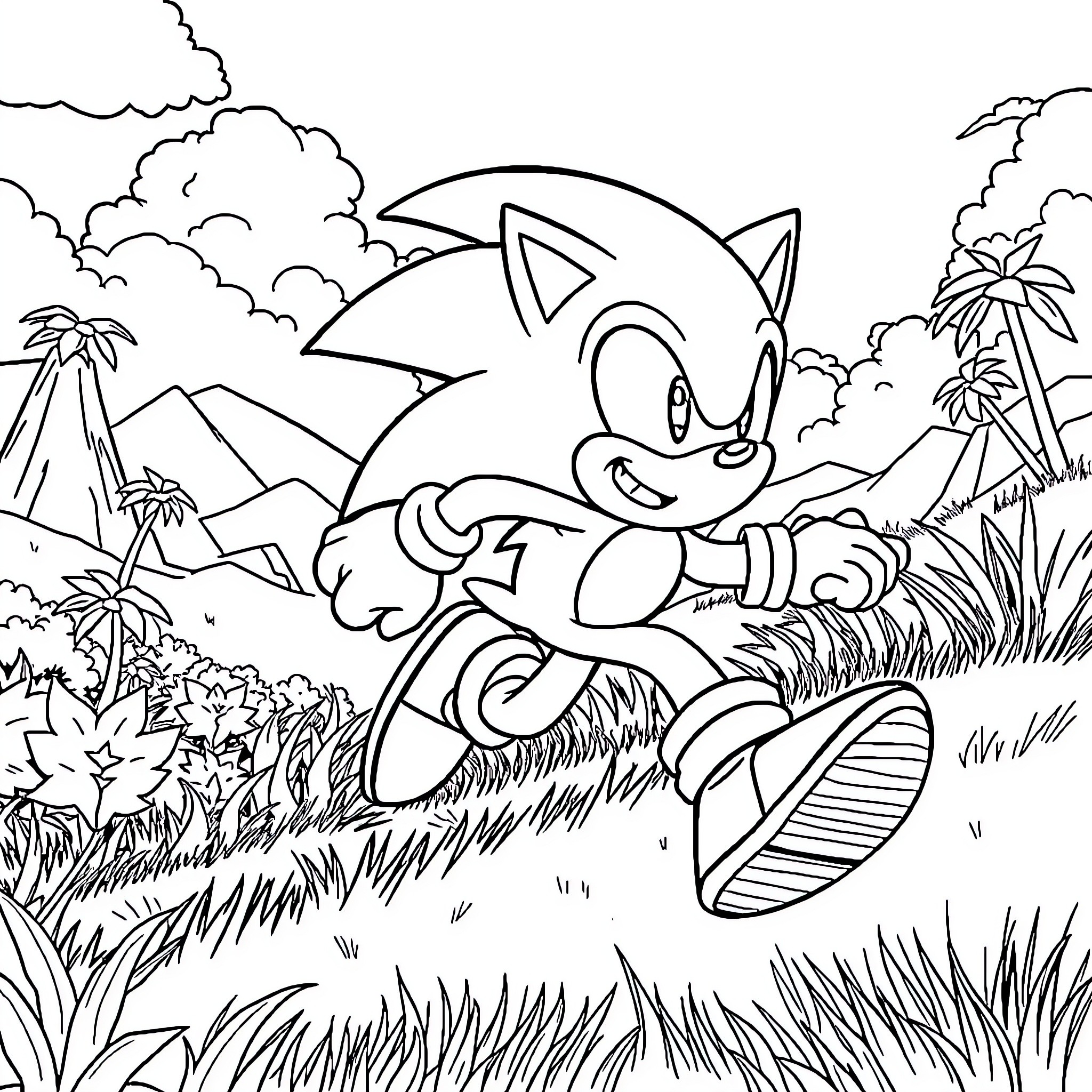 Sonic the Hedgehog running happily in the jungle Coloring Page (free black-and-white line drawing printable PDF for all, from beginners to advanced learners, including children, teens, adults, and seniors)